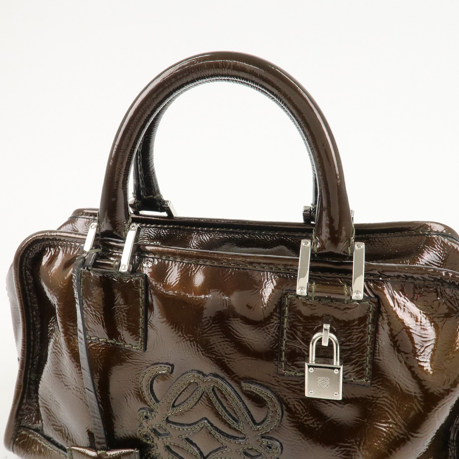 LOEWE Anagram Patent Leather Amasona28 Hand Bag  Bronze