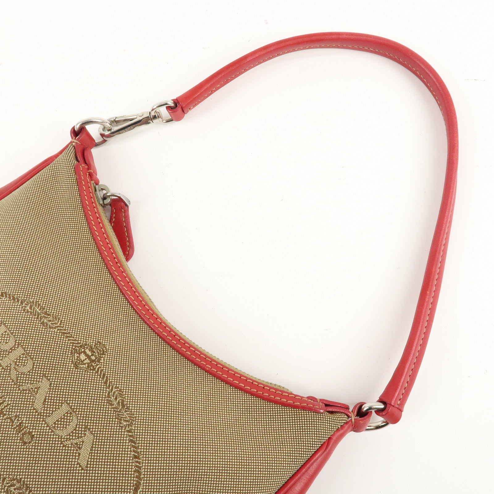 PRADA Logo Jacquard Leather Shoulder Bag Beige Red