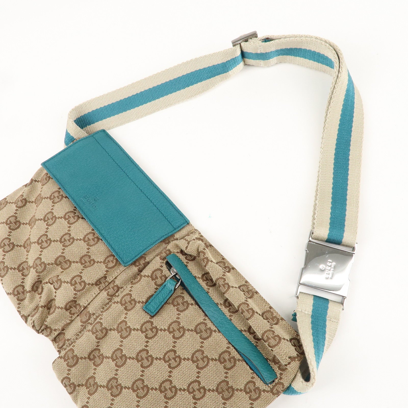 GUCCI GG Canvas Leather Waist Bag Crossbody Bag Turquoise 28566