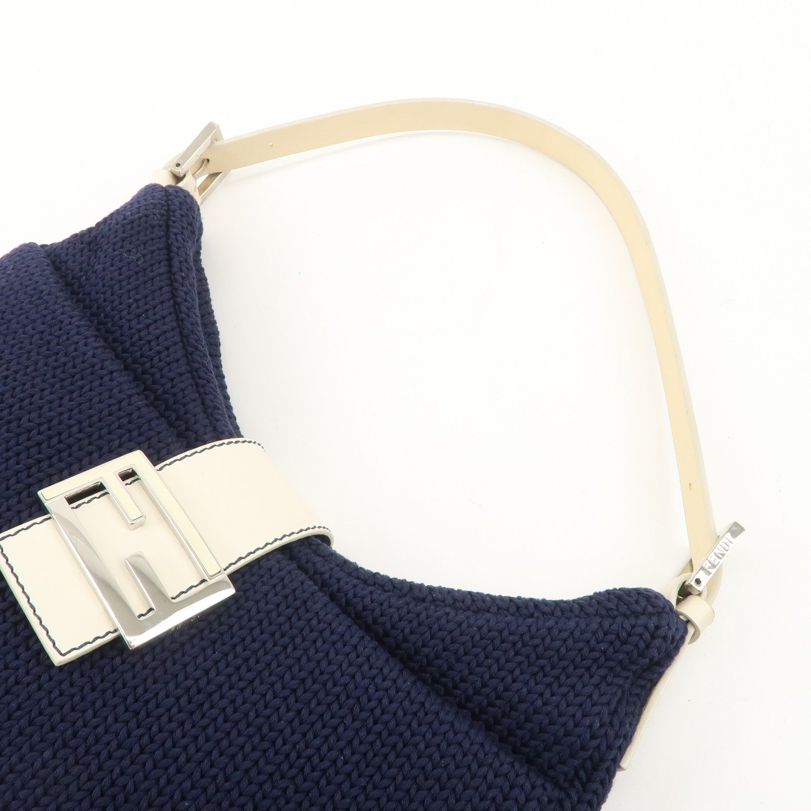 FENDI Wool Leather Shoulder Bag Navy White 26569