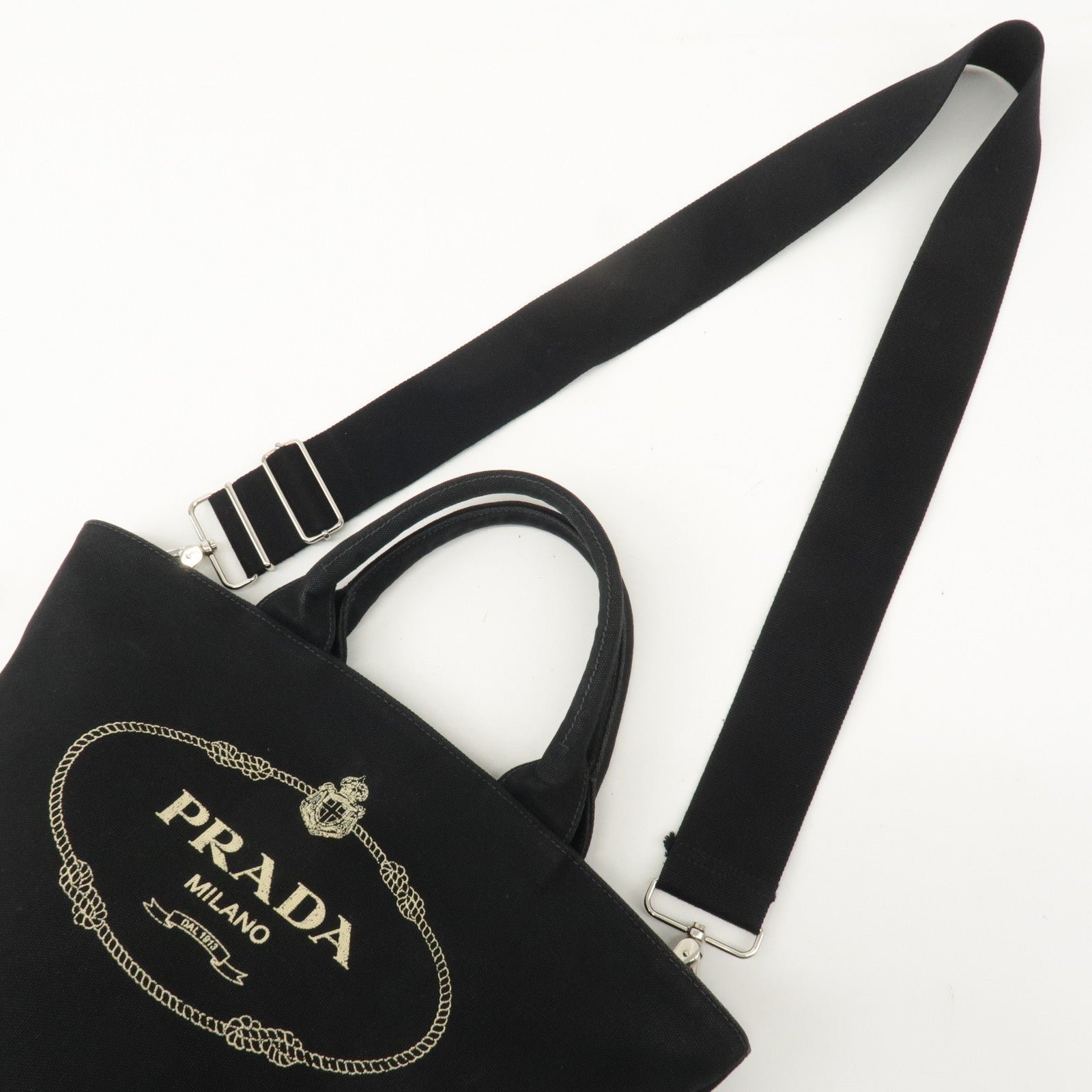 PRADA Logo Canapa Canvas Leather 2Way Bucket Bag Black 1BG163