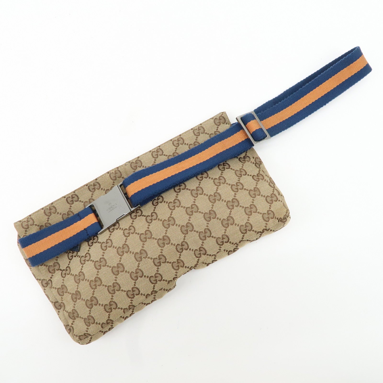 GUCCI GG Canvas Leather Waist Bag Waist Pouch Beige Navy 28566 Used