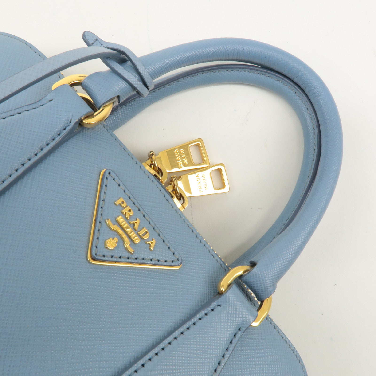 PRADA Triangle Logo Saffiano Leather Hand Bag Light Blue