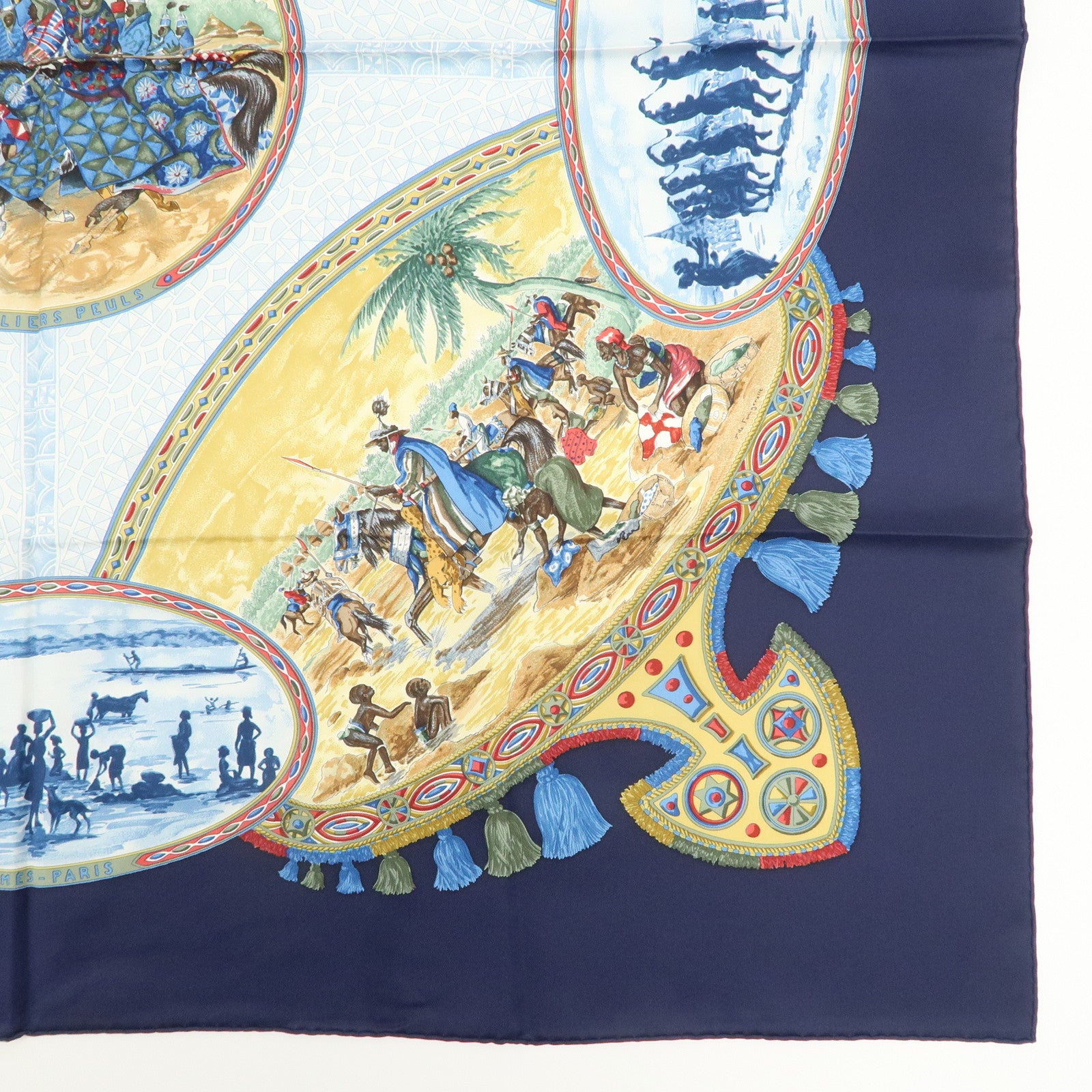 HERMES Carre 90 Silk 100% Scarf CAVALIERS PEULS Knight Print Used