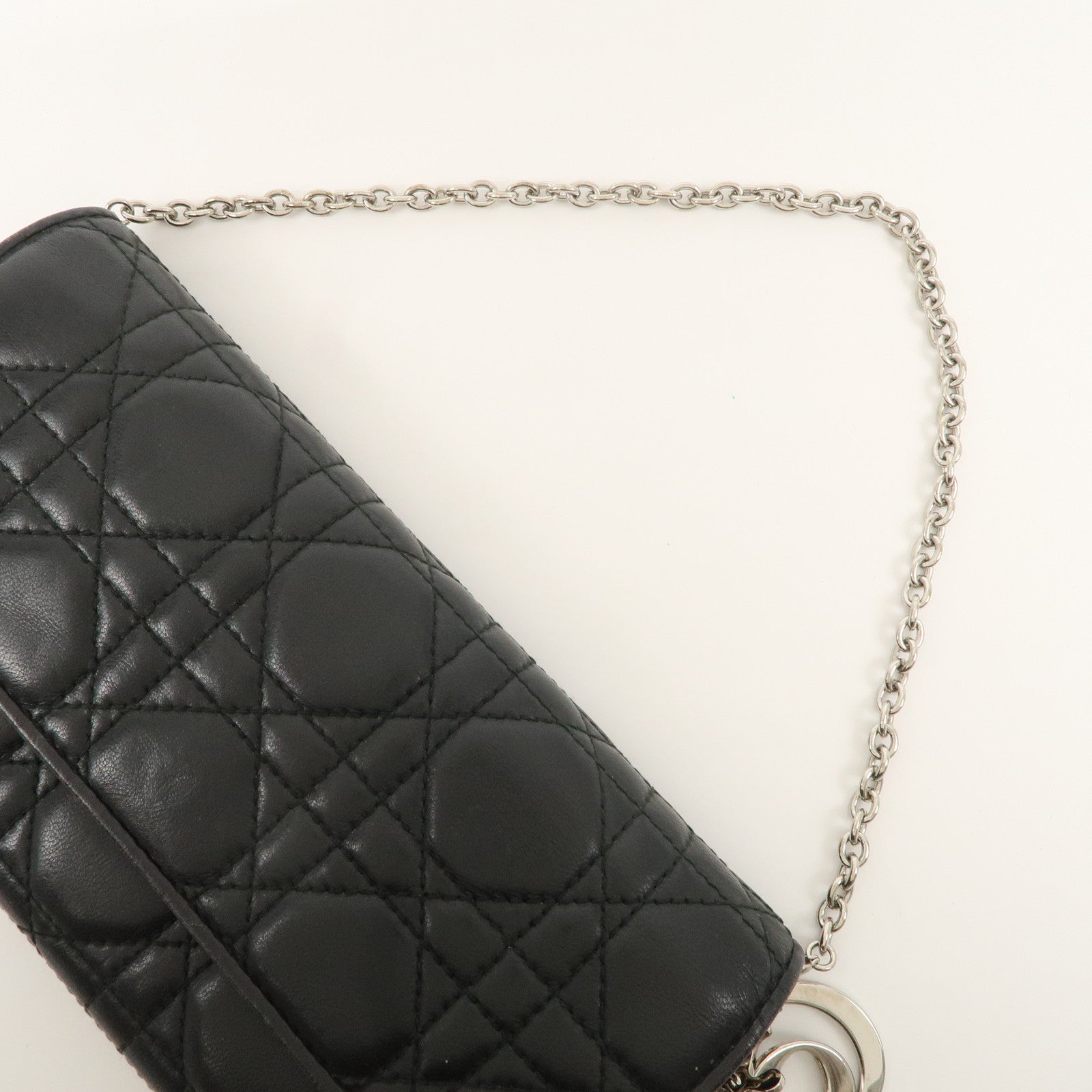 Christian Dior Cannage Leather Chain Long Wallet WOC Black Used