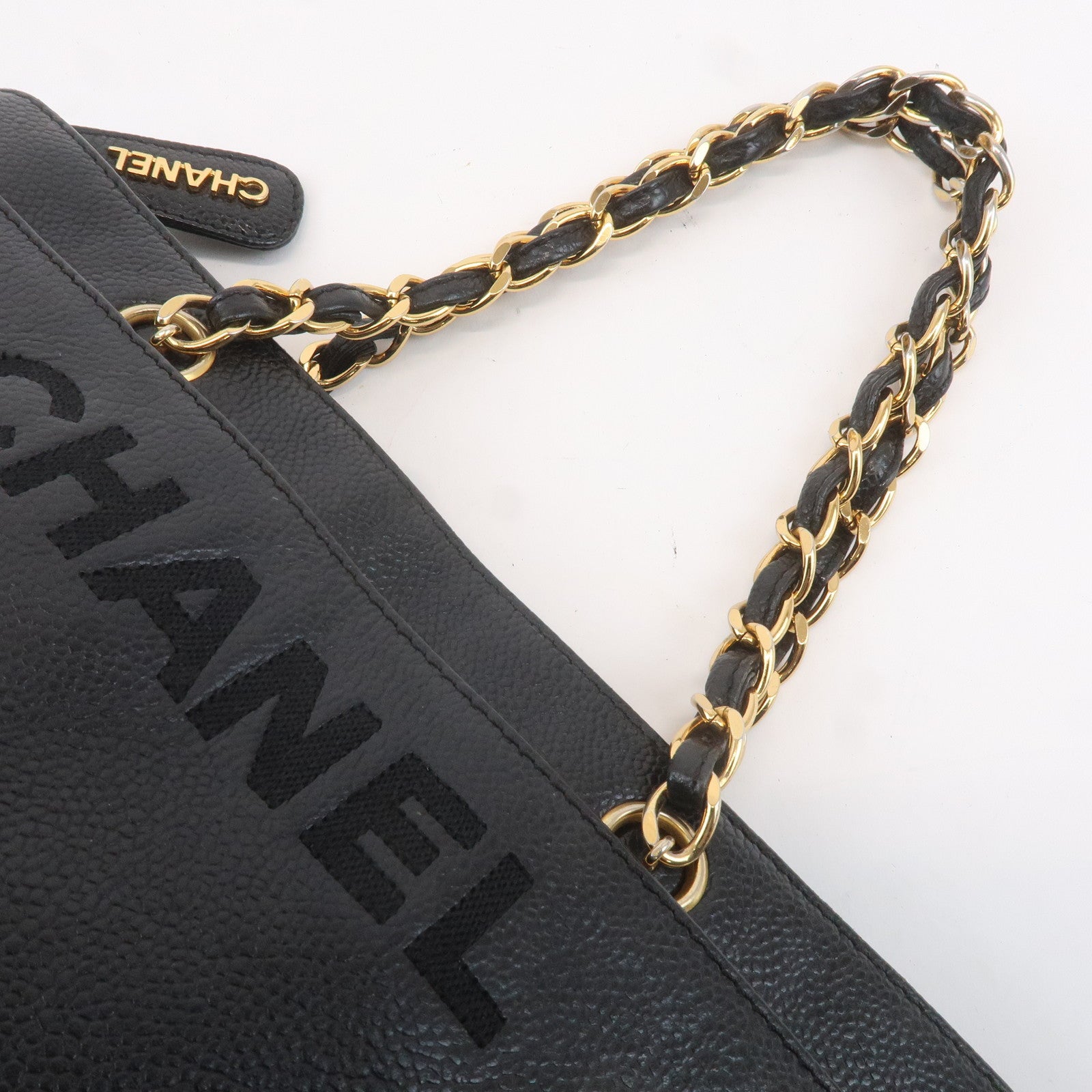 CHANEL Caviar Skin Chain Tote Bag Black Gold 5088083