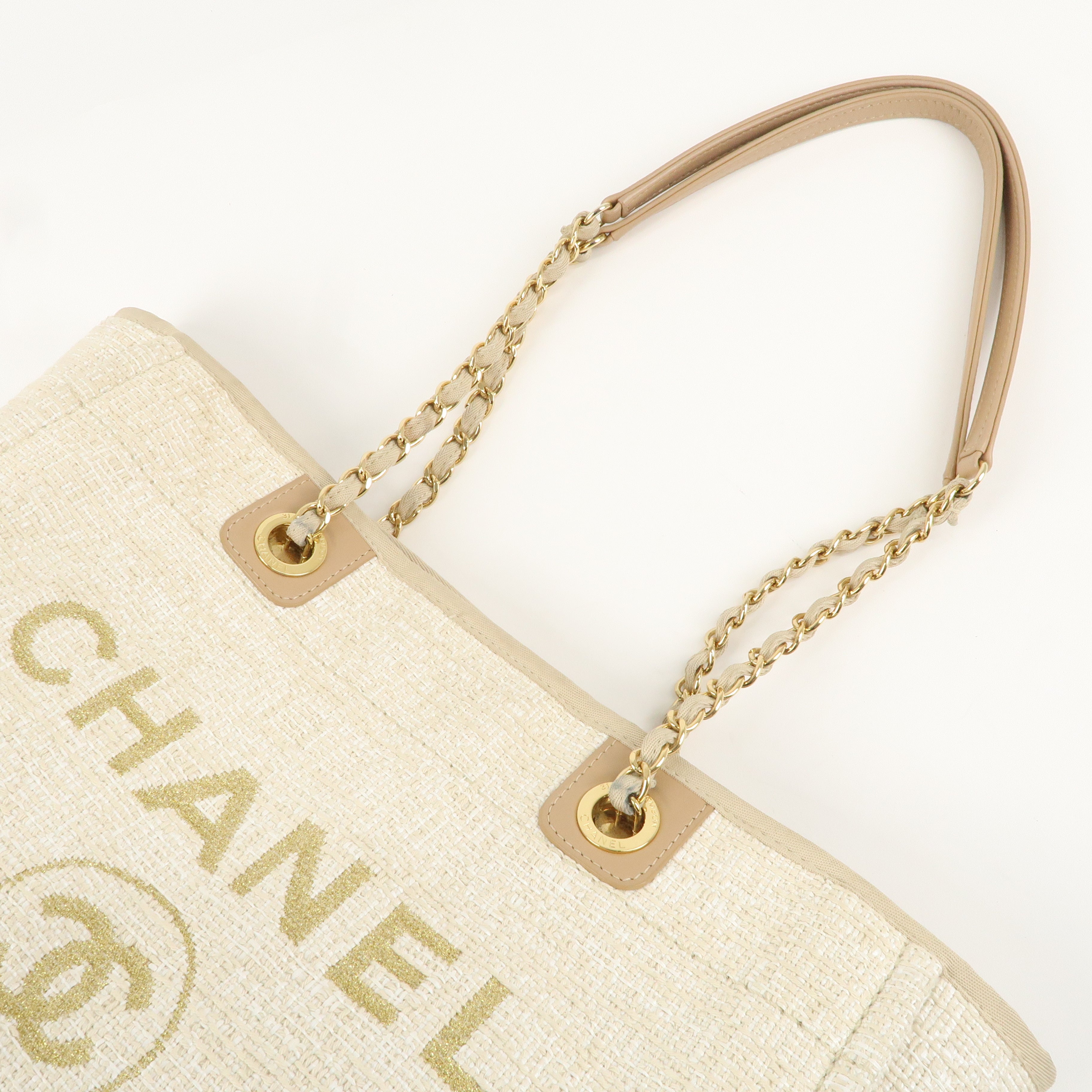 CHANEL Deauville Canvas Leather Tote Bag MM Beige Gold A67001