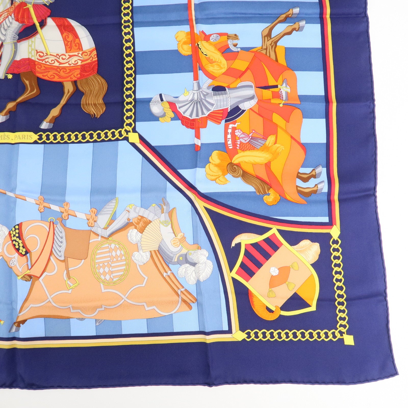 HERMES Carre 90 Silk 100% Scarf CHOCS EN PLUMES Navy Blue Red Used