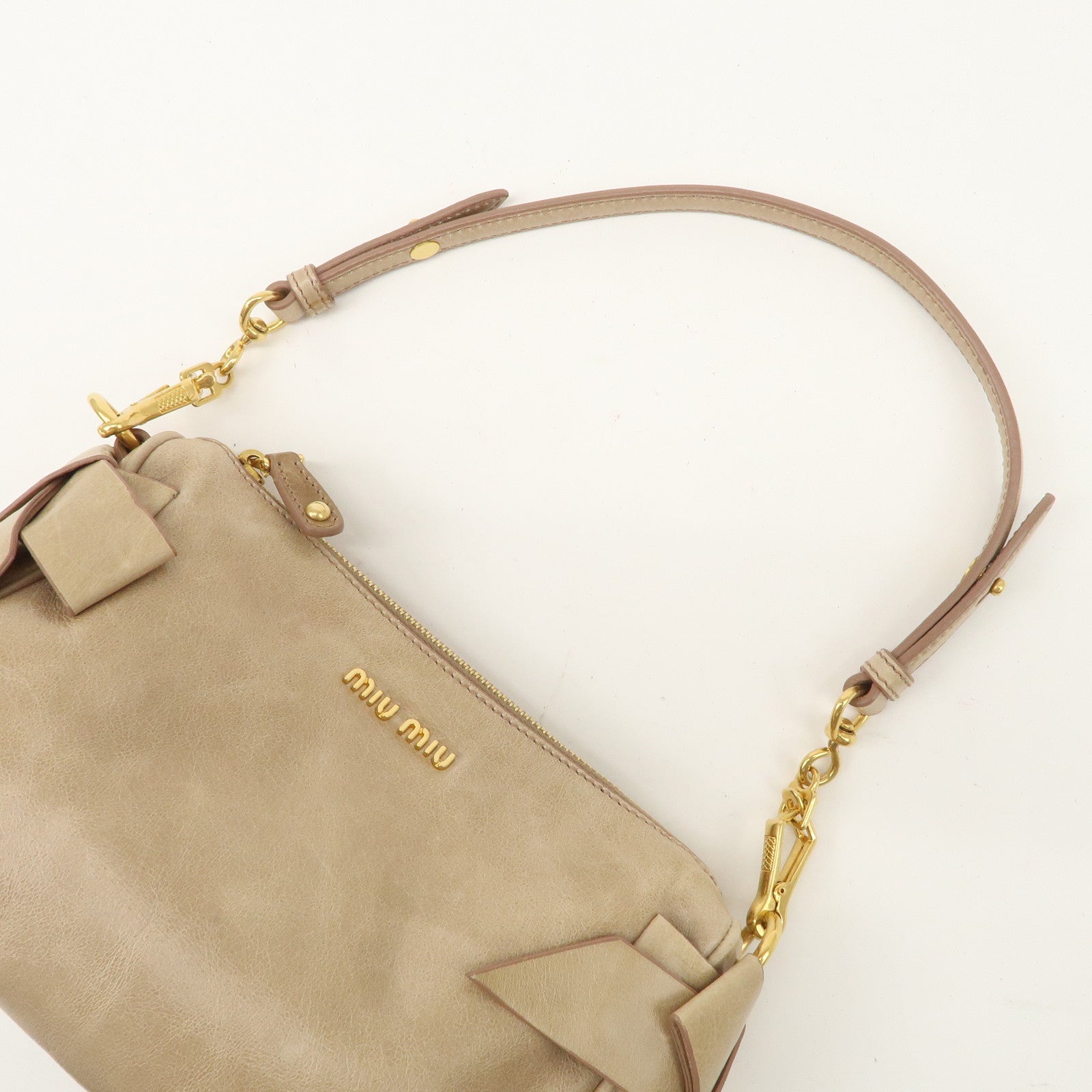 MIU MIU Leather Shoulder Bag Beige Gold Hardware Used