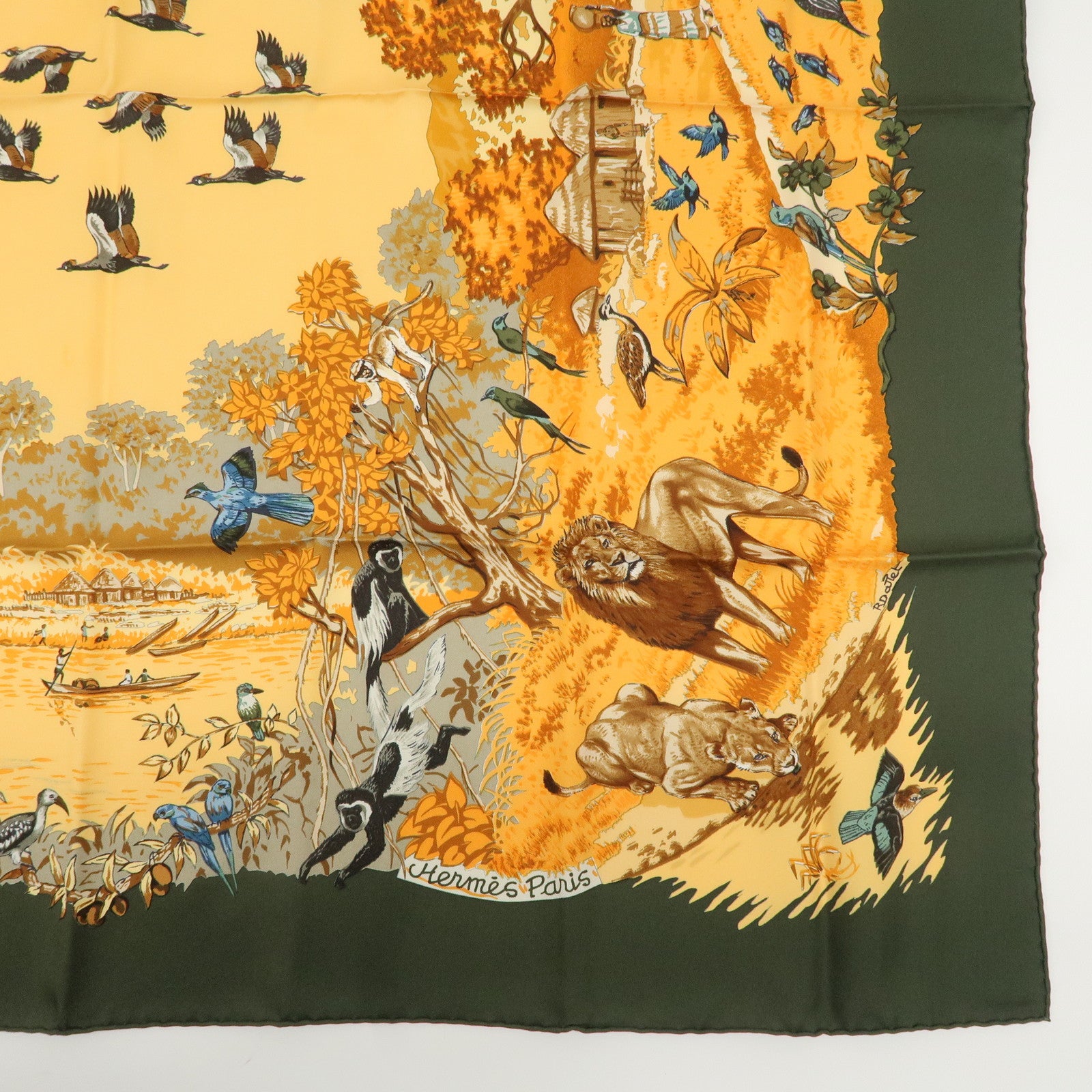 HERMES Carre 90 100% Silk Scarf AFRICA Green Orange Used