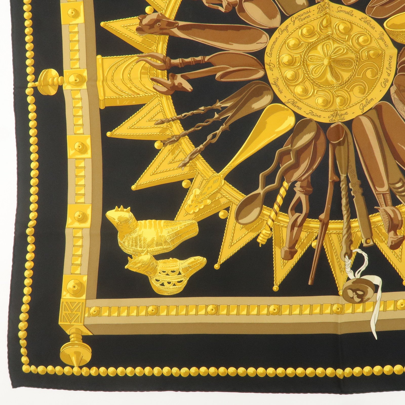 HERMES Carre 90 Silk 100% Scarf African Spoon Black Yellow