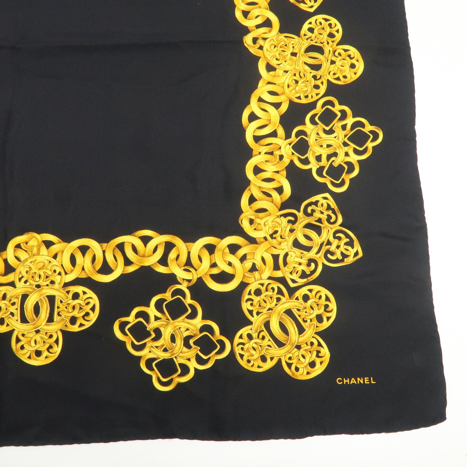 CHANEL Silk 100% Scarf 90×90 Black Gold Used