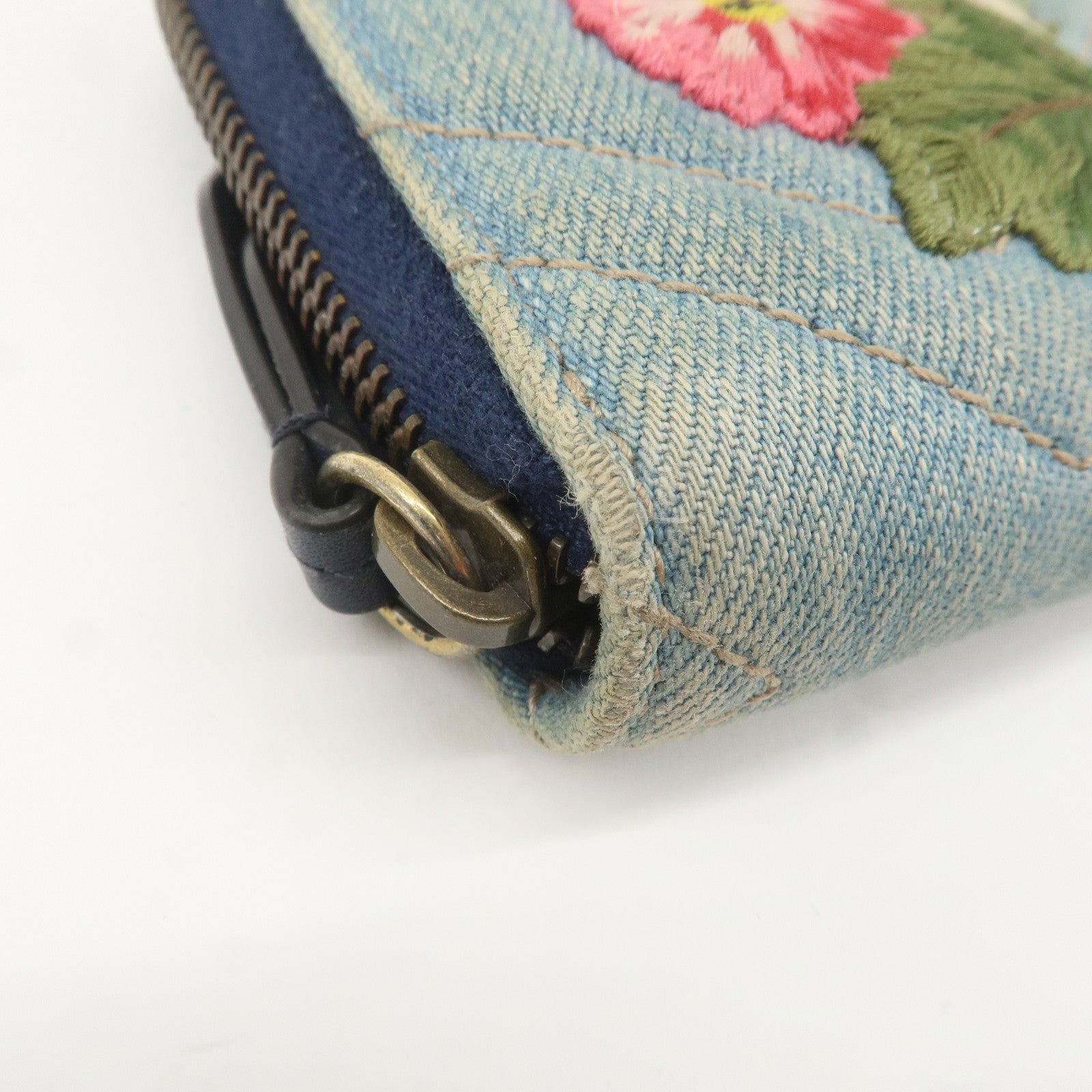 GUCCI GG Marmont Denim Leather Double G Flower Zip Around Wallet