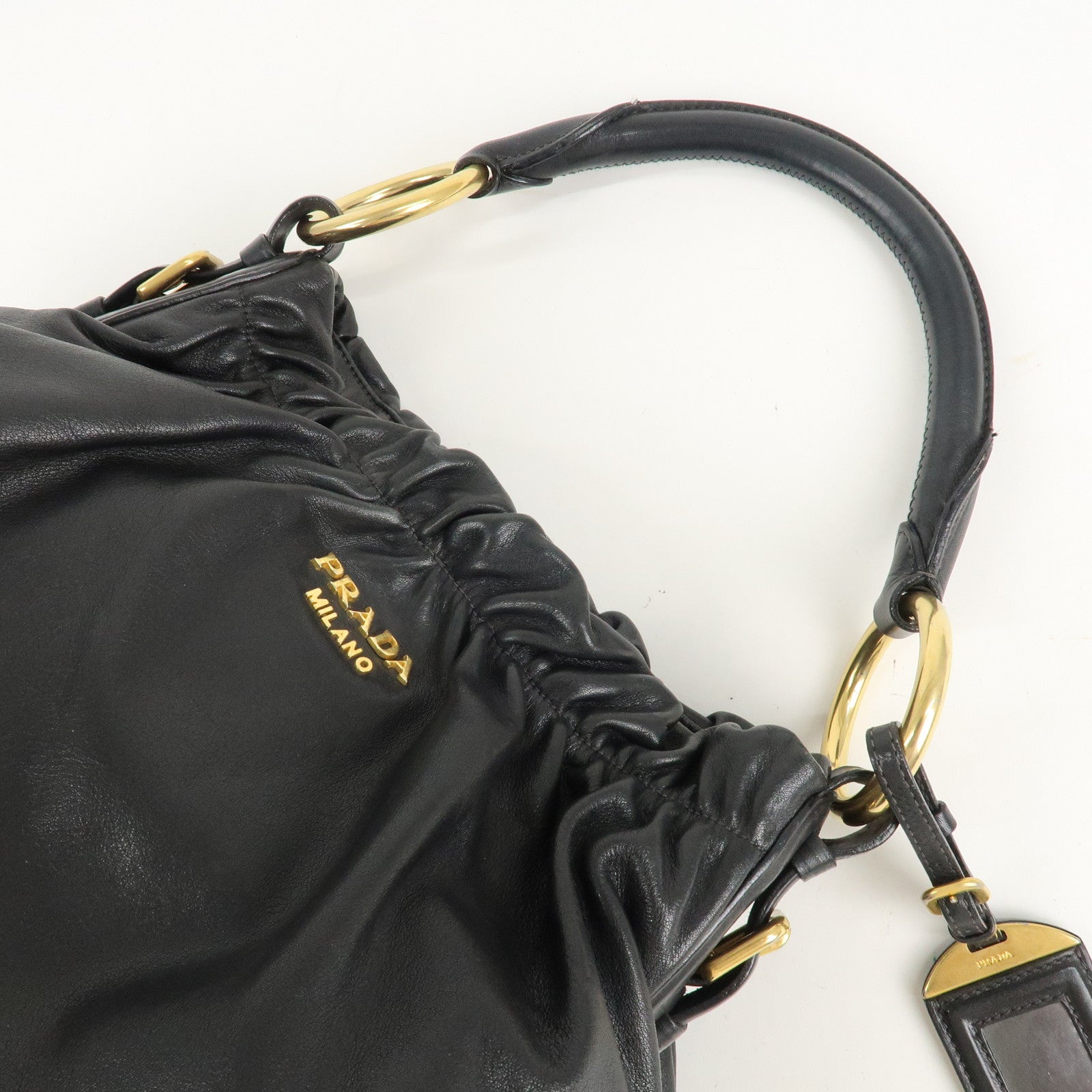 PRADA Leather Shoulder Bag Hand Bag Black Gold Hardware Used