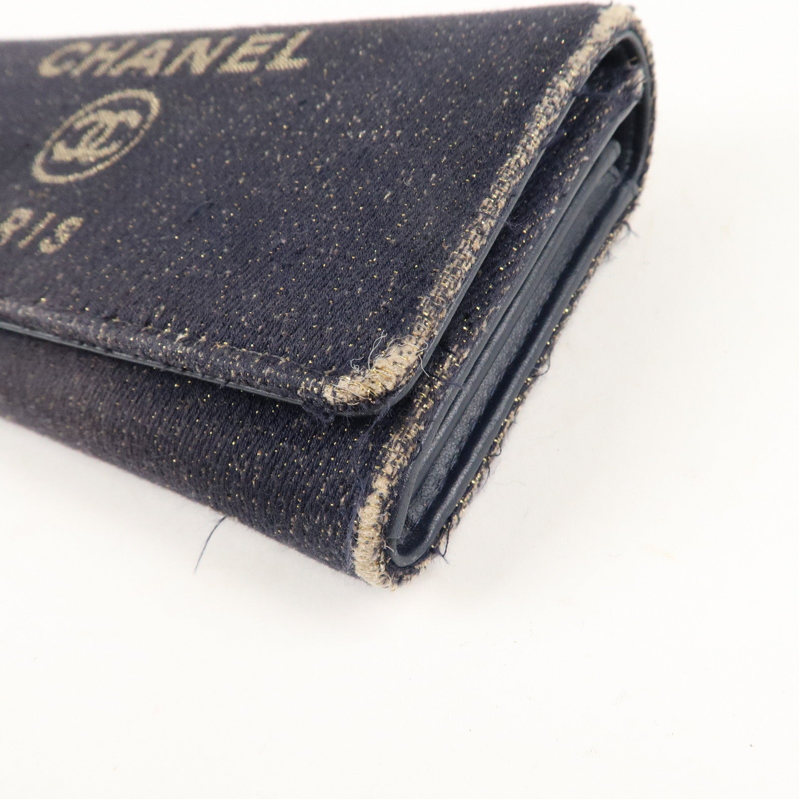 CHANEL Deauville Canvas Bi-fold Long Wallet Purse Navy Gold