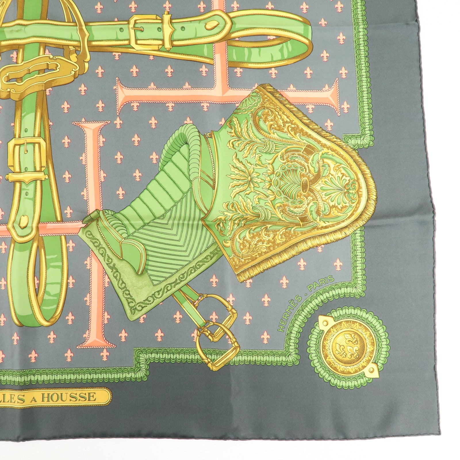 HERMES Carre 90 Silk 100% Scarf SELLES A HOUSSE Gray Green Pink Used