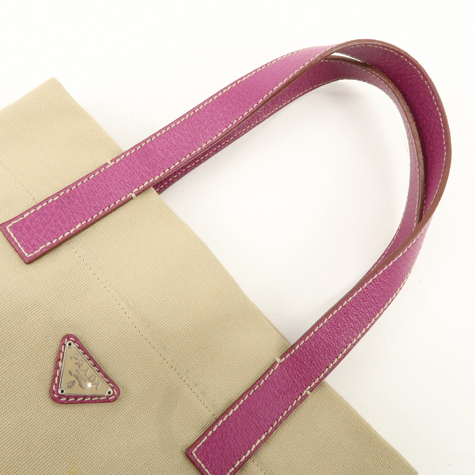 PRADA Logo Canvas Leather Hand Bag Tote Beige Purple BN0686 Used