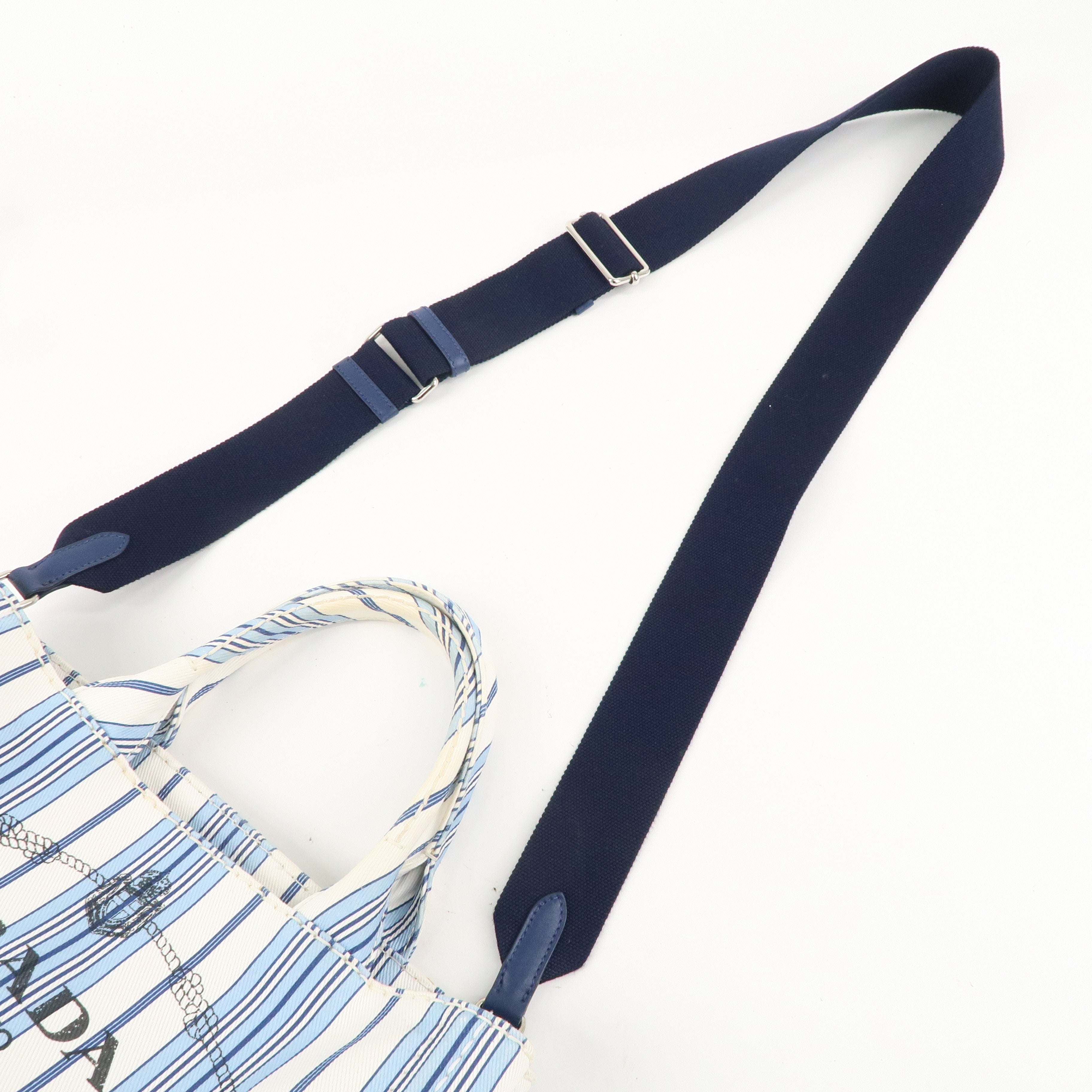 PRADA Canapa Canvas Mini Stripe 2Way Bag Hand Bag White Blue