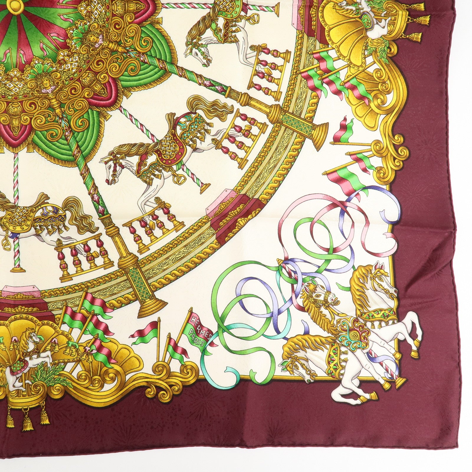 HERMES Carre 90 Silk 100% Scarf LUNA PARK Wine Red White Yellow