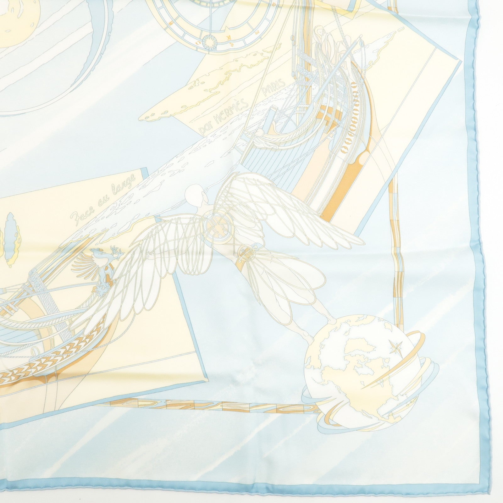 HERMES Silk 100% Carre 90 Scarf Face au Large Light Blue Used