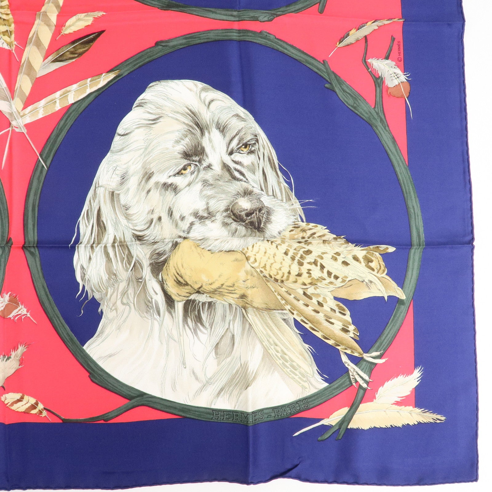 HERMES Silk 100% Carre 90 CHIENS AU RAPPORT Navy Pink Used