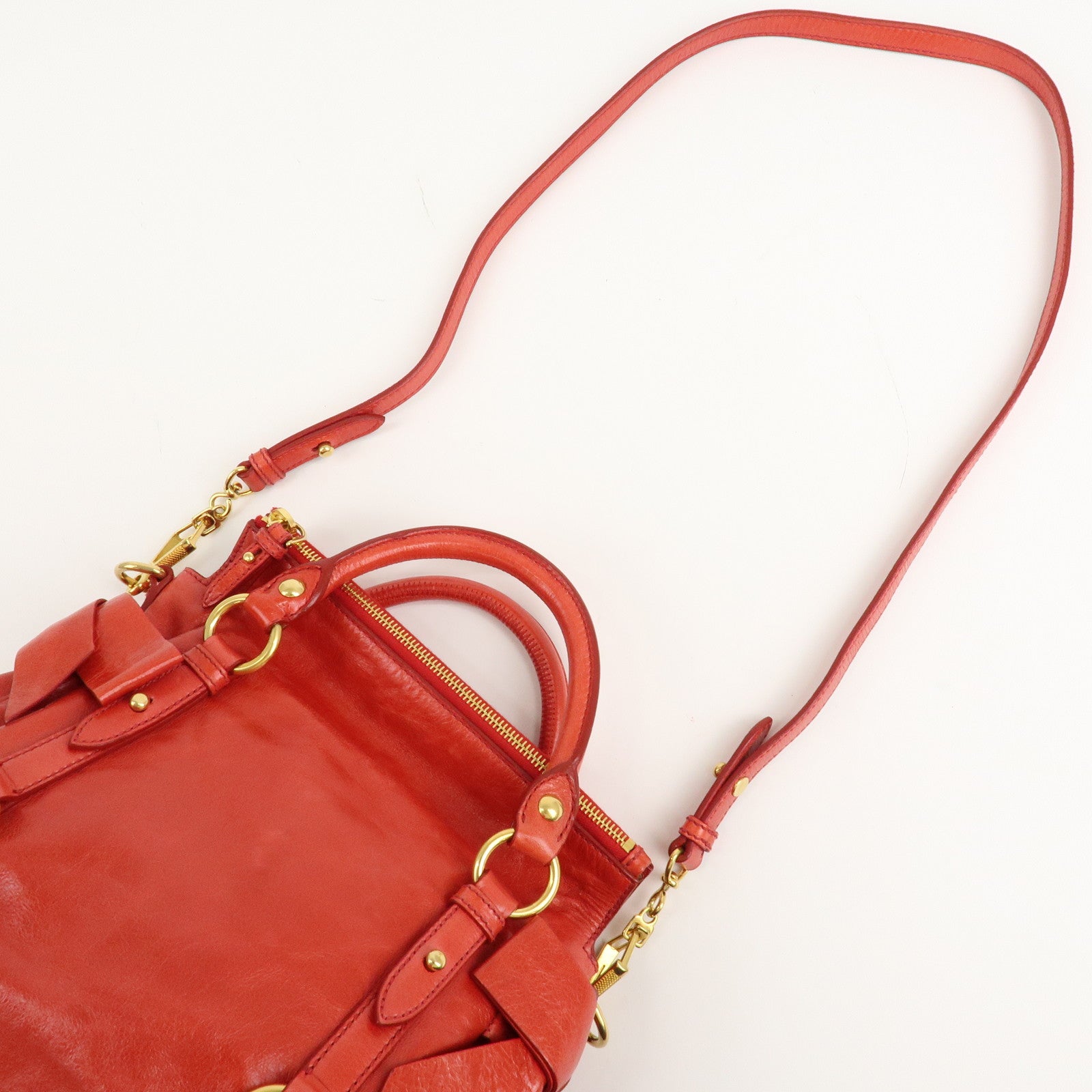 MIU MIU Leather Ribbon 2 Way Hand Bag Shoulder Bag Red Used