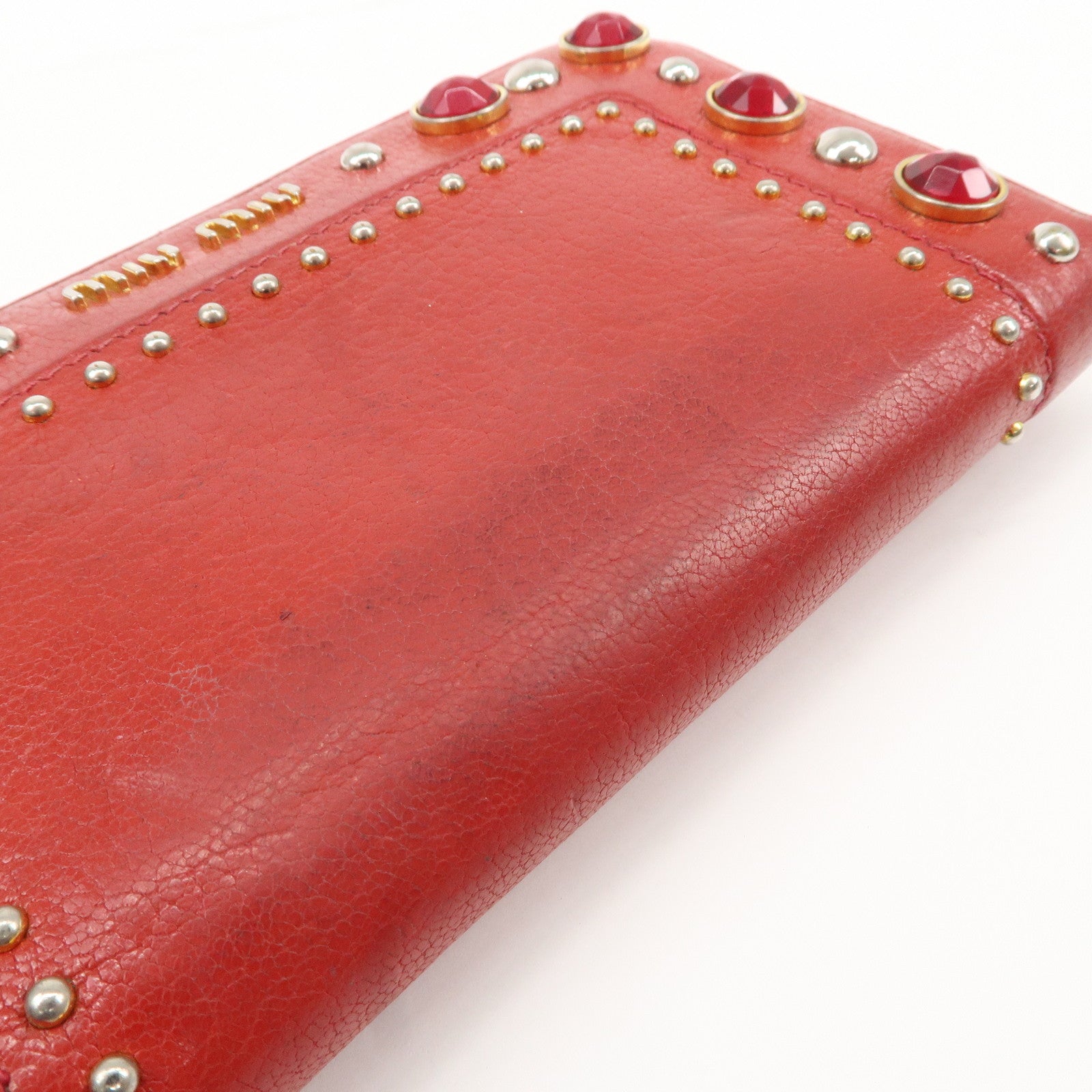 MIU MIU Leather Round Zipper Long Wallet Bijou Studs Red