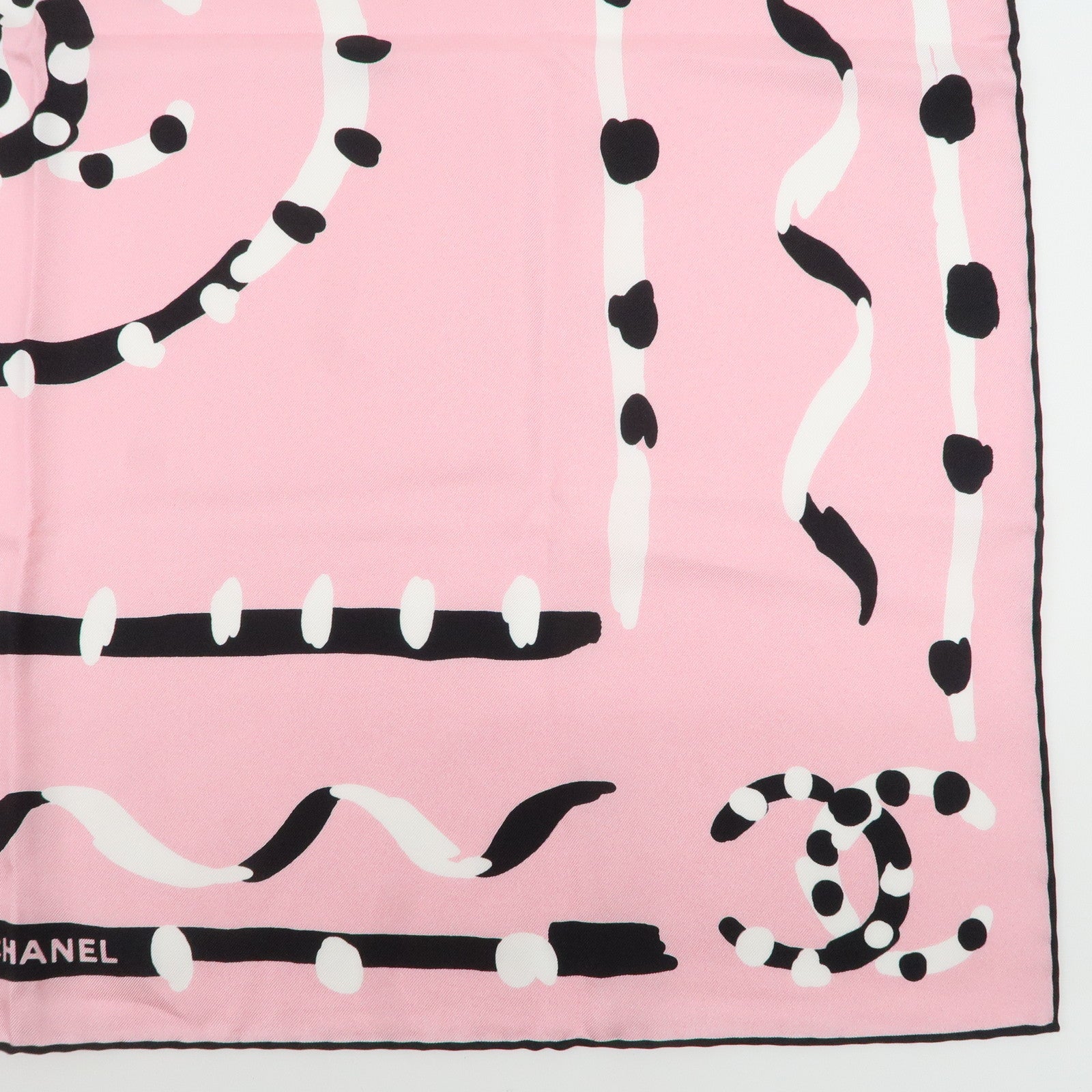 CHANEL COCO Mark Scarf Silk 100 % Pink Black White Used