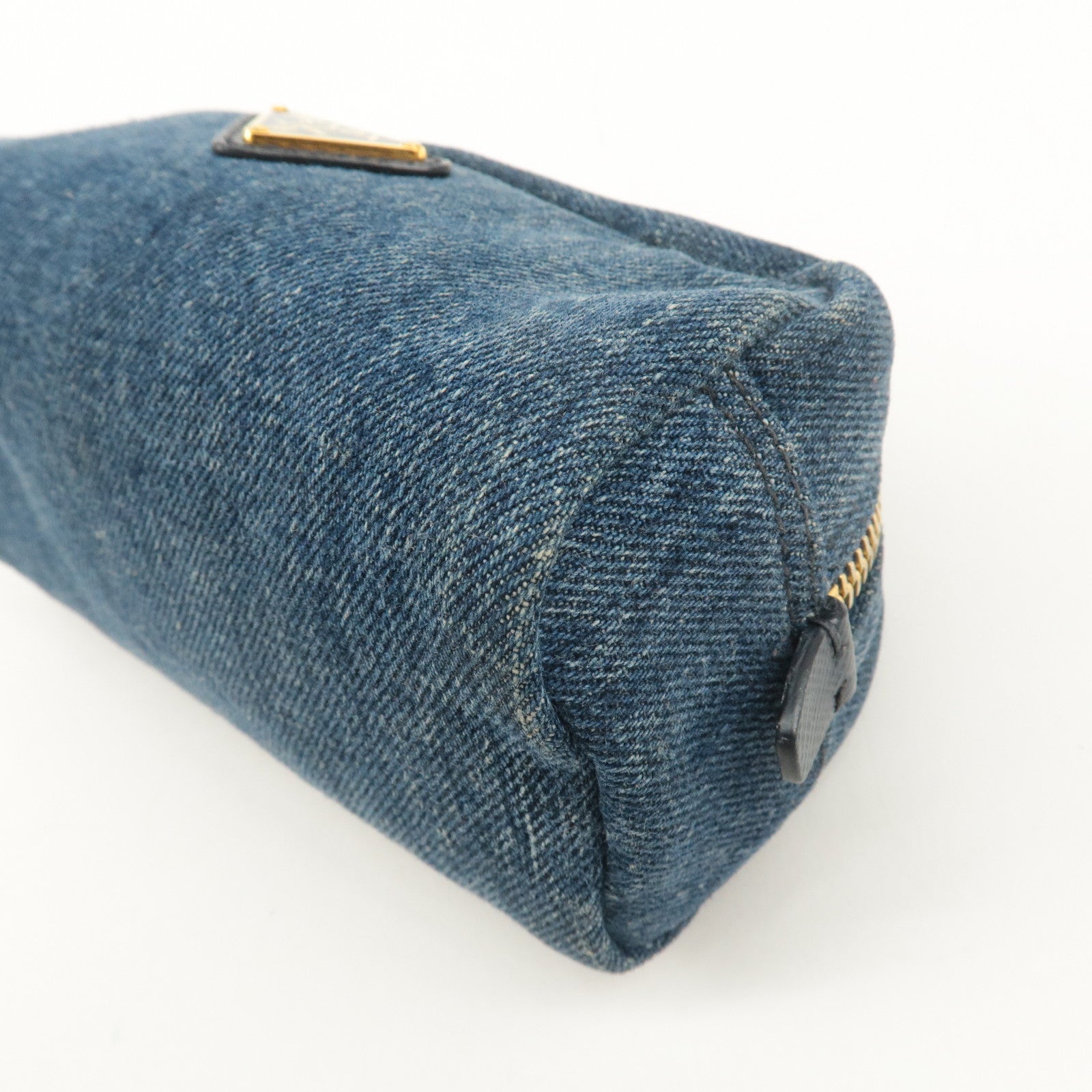 PRADA Logo Denim Pouch Cosmetic Pouch Blue Gold Hardware