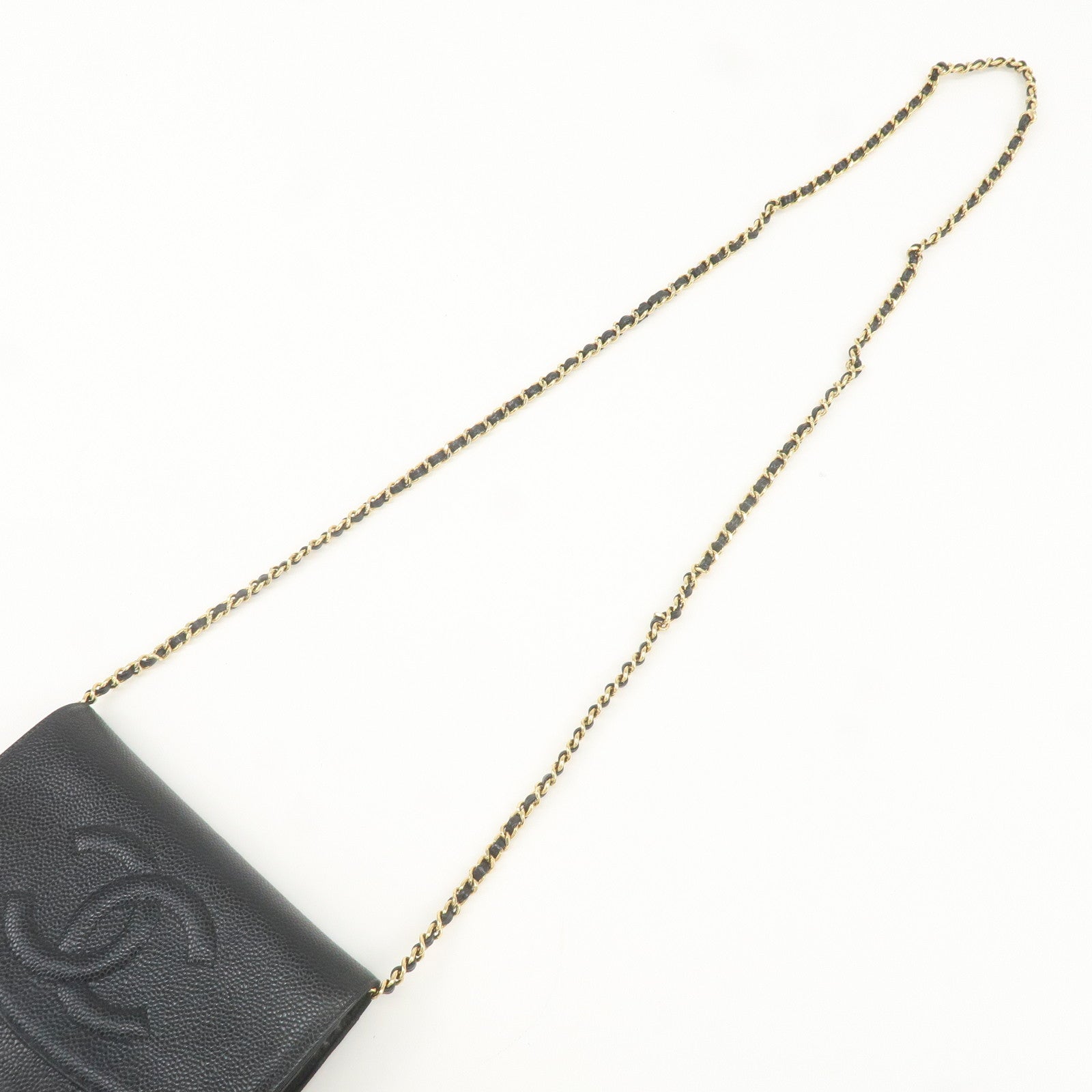 CHANEL COCO Mark Caviar Skin Chain Wallet Black Gold HDW A13509