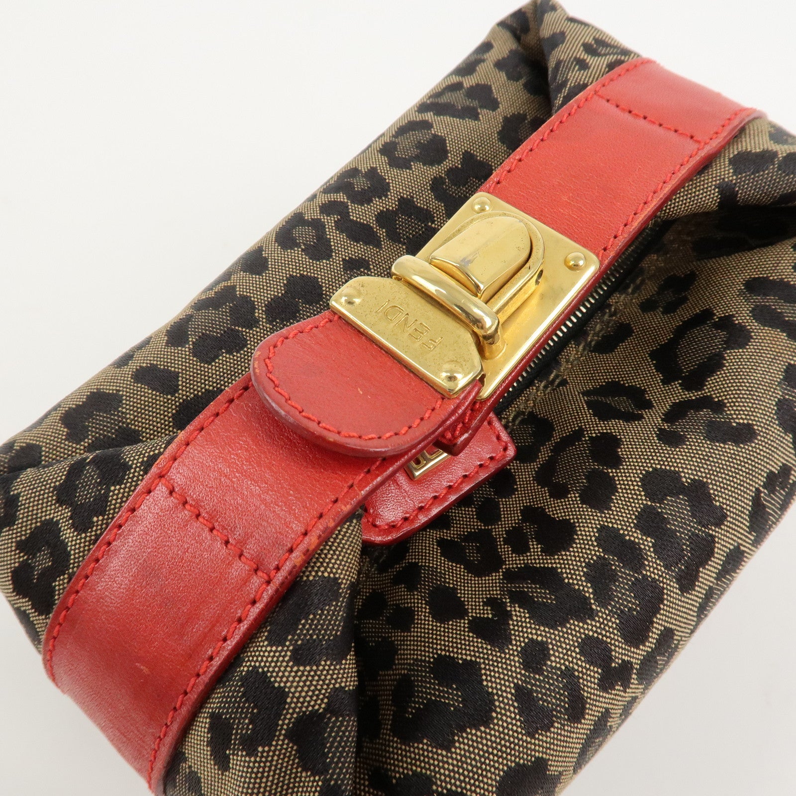 FENDI Canvas Leather Leopard Vanity Bag Pouch Brown Red 26360 Used