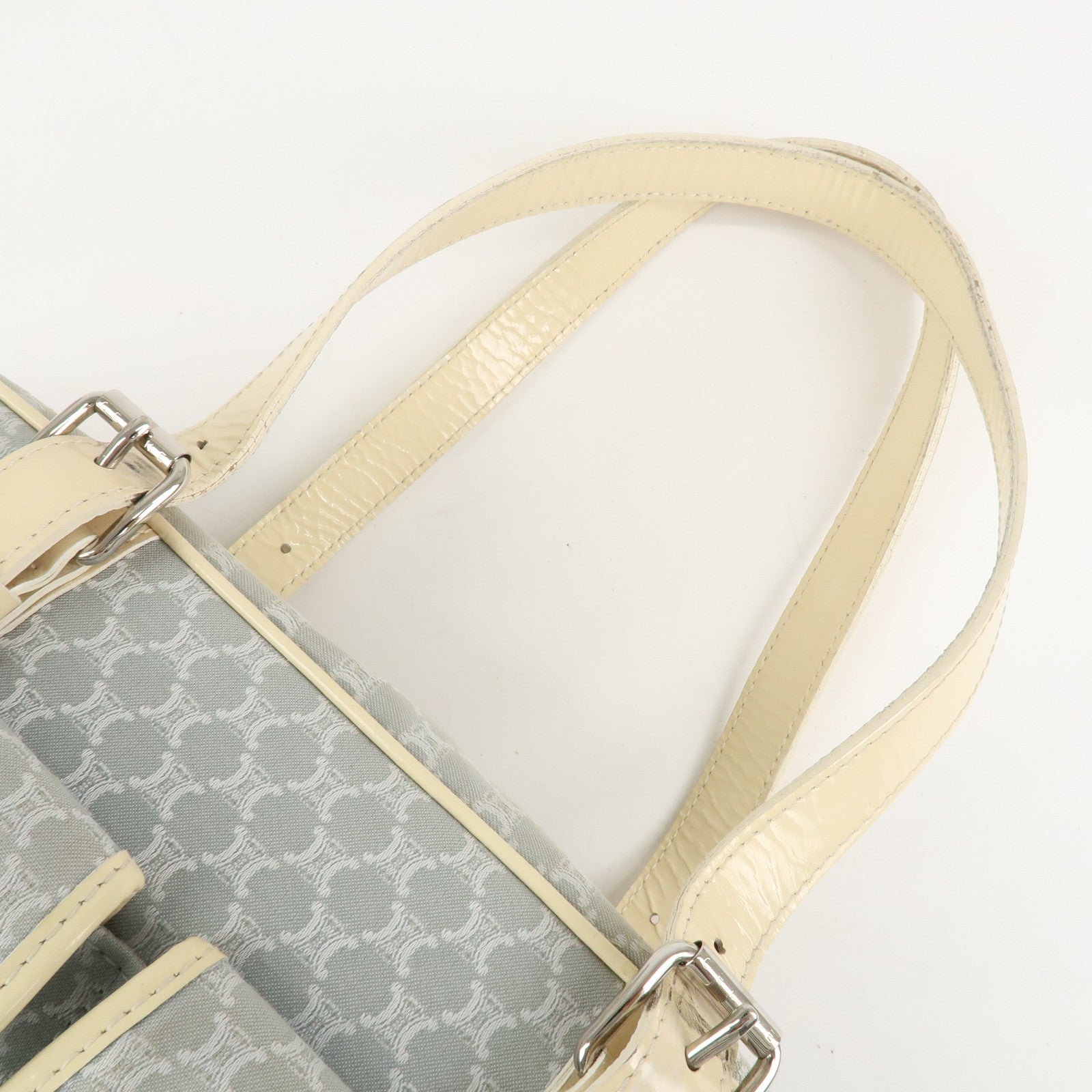 CELINE Macadam Canvas Patent Leather Boston Bag Blue Ivory Used