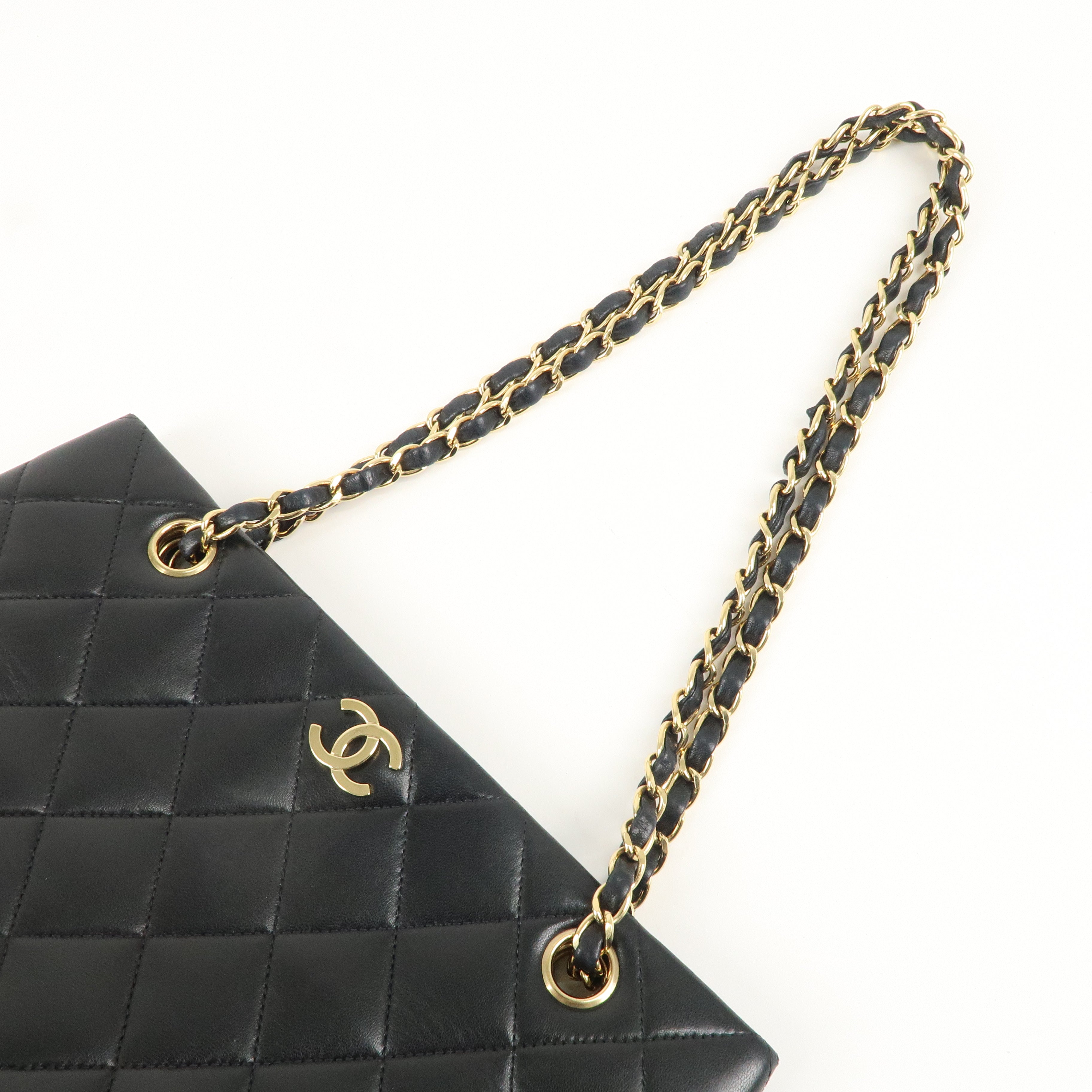 CHANEL Matelasse Lamb Skin Chain Tote Bag Hand Bag Black Gold