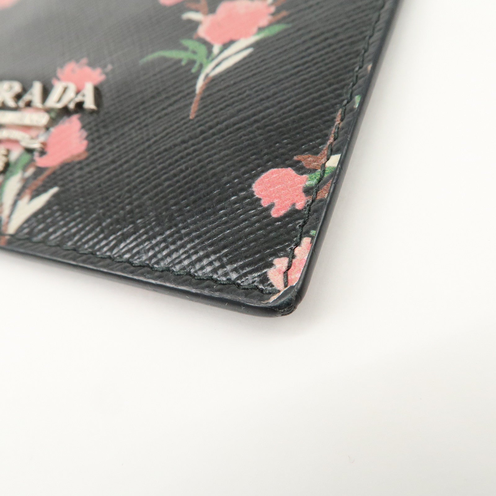 PRADA Saffiano Card Case Floral Pattern Black Pink 1MC208 Used