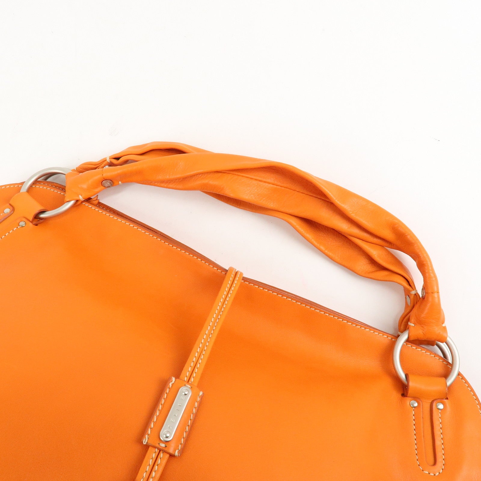 CELINE Leather Shoulder Bag Hand Bag Orange Silver HDW Used