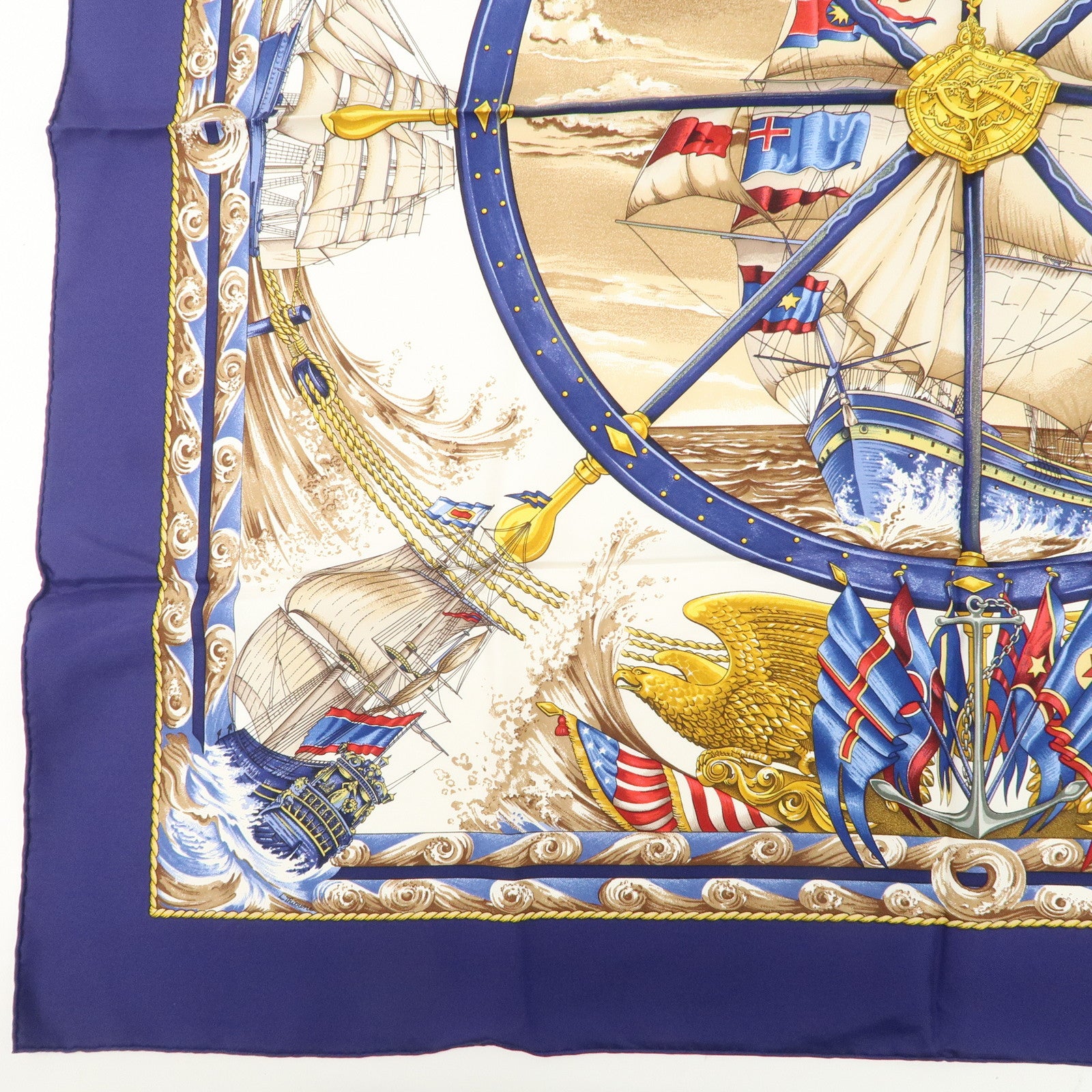 HERMES Carre 90 Silk 100% Scarf Vive levent Navy White Gold