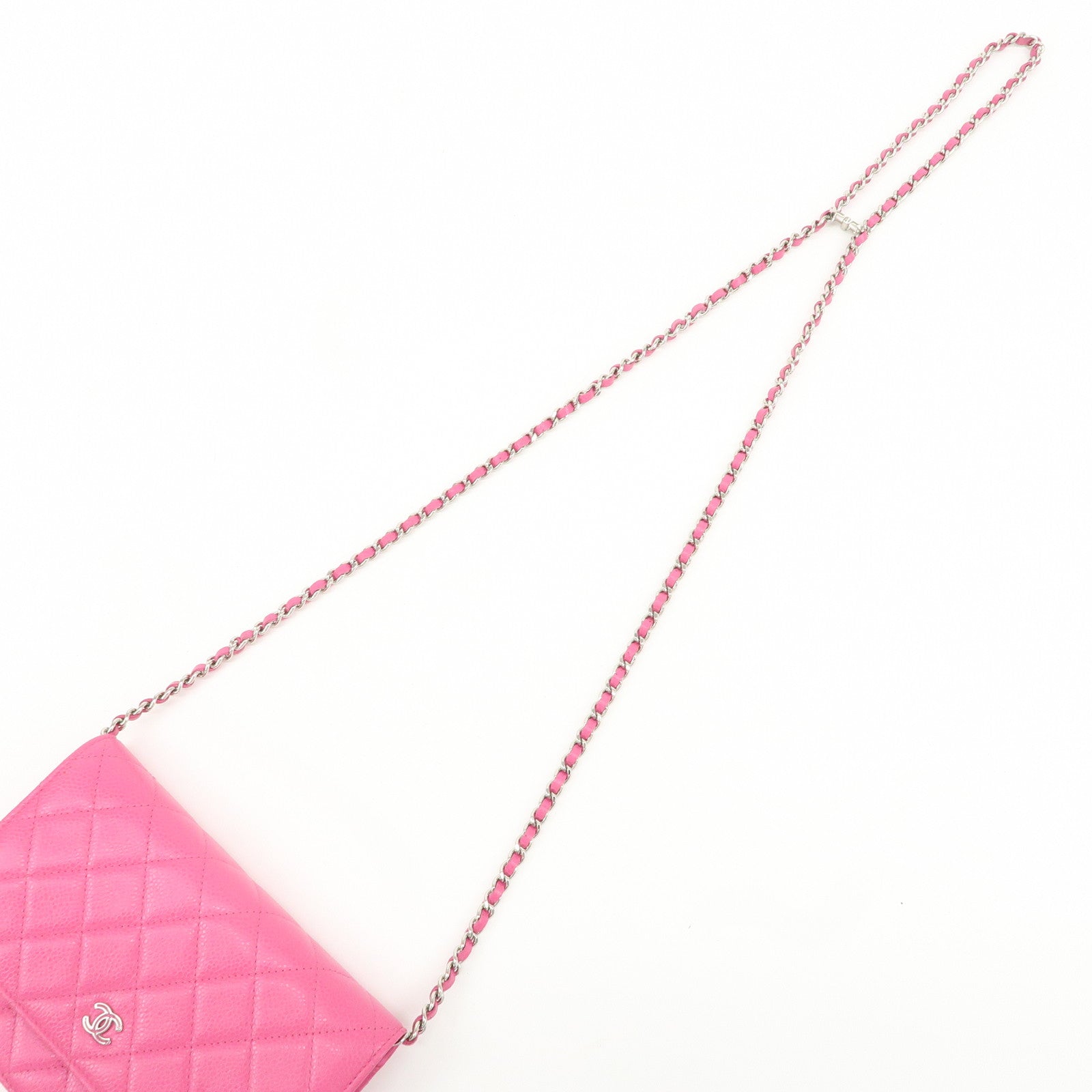 CHANEL Matelasse Caviar Skin Chain Wallet Purse Pink Silver AP0250 Used