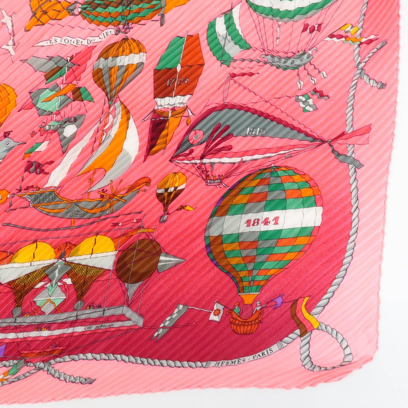 HERMES 100% Silk Pleats Scarf PAZ UNIVERSAL Pink Green Orange Used