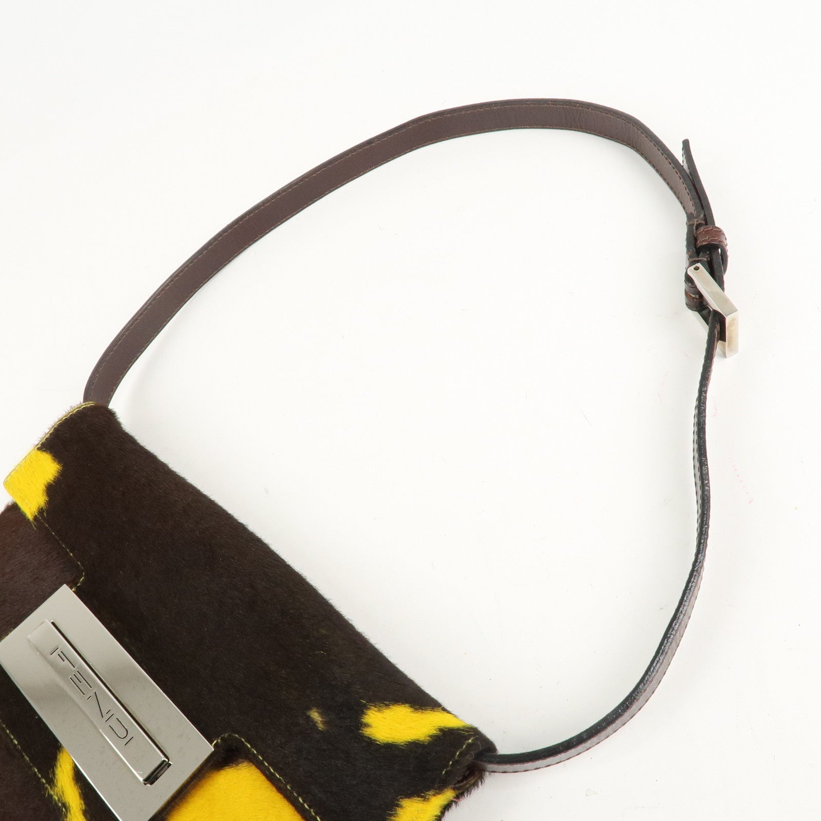 FENDI COW Unborn Calf Leather Shoulder Bag Yellow Brown Used