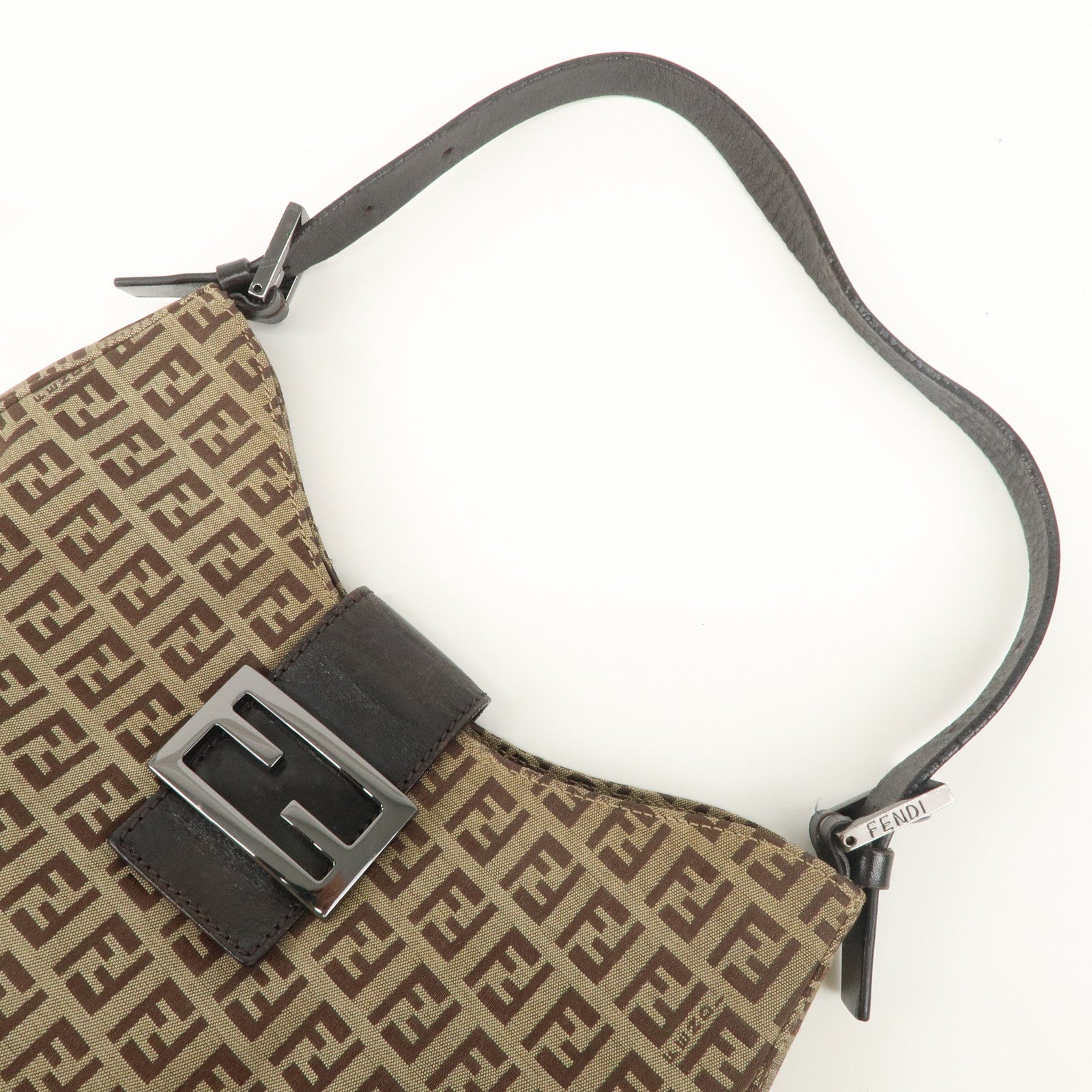 FENDI Zucchino Canvas Leather Shoulder Bag Beige Brown 8BR036