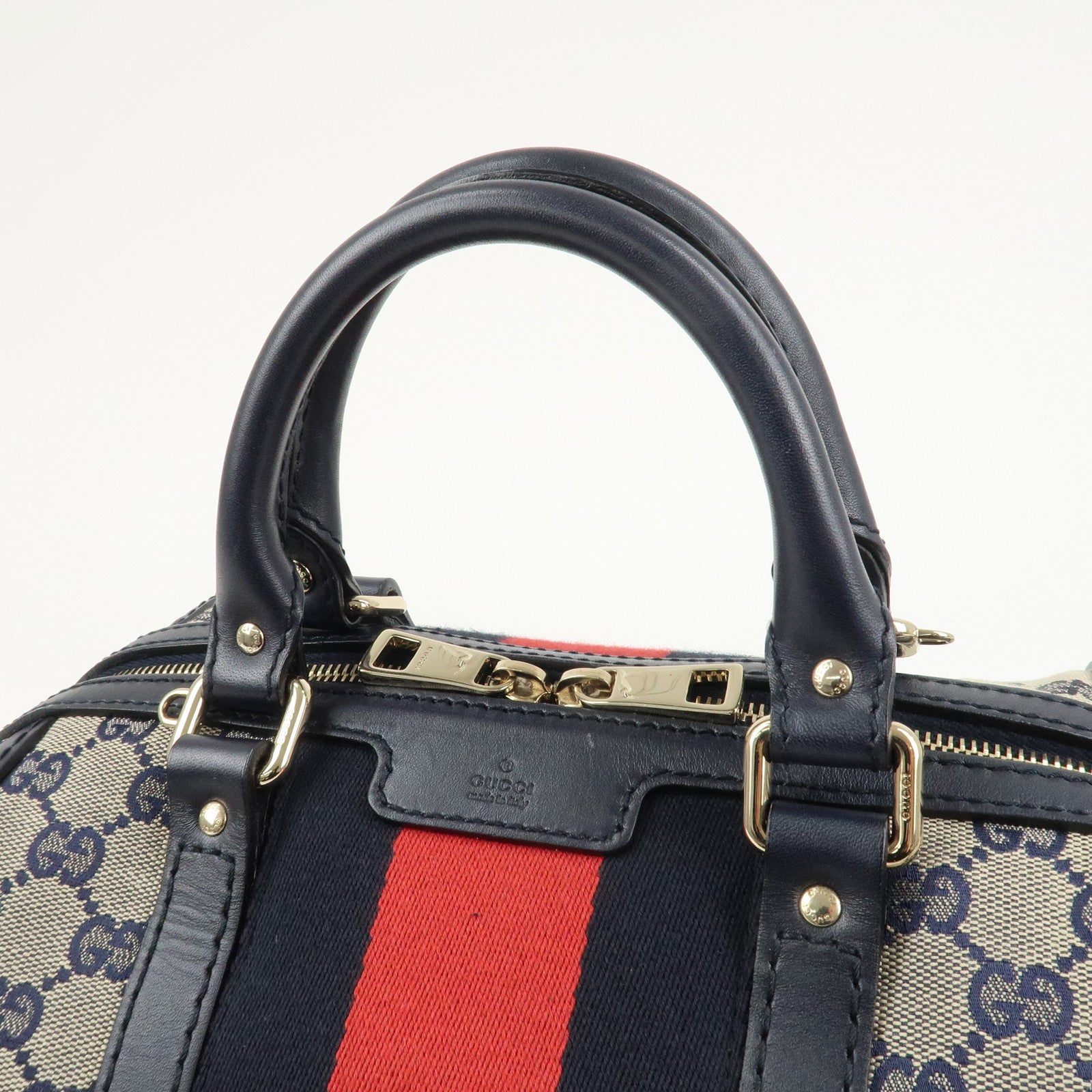 GUCCI Sherry GG Canvas Leather Boston Bag Beige Navy 269876 Used