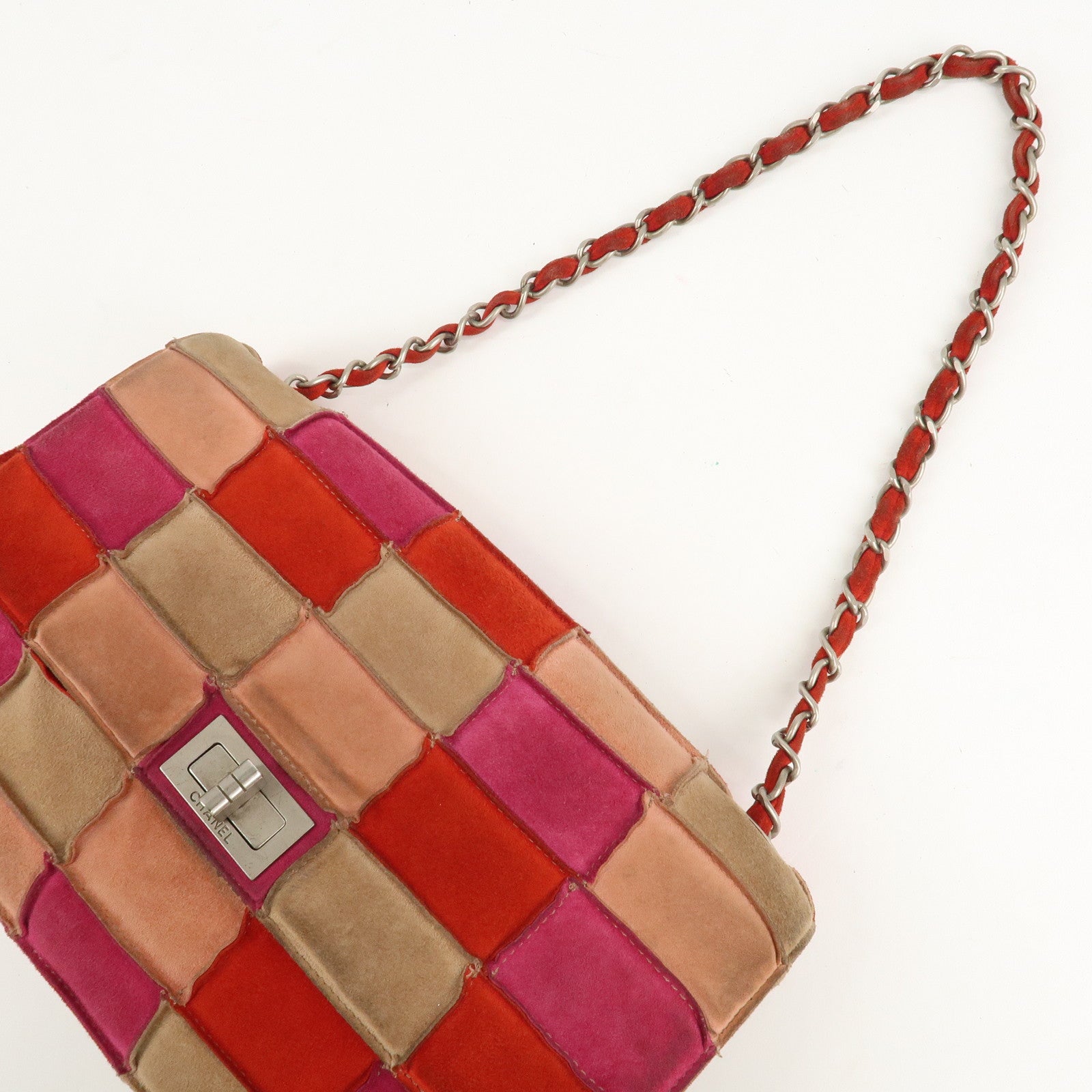 CHANEL Suede Patchwork Shoulder Bag Pink Beige Red