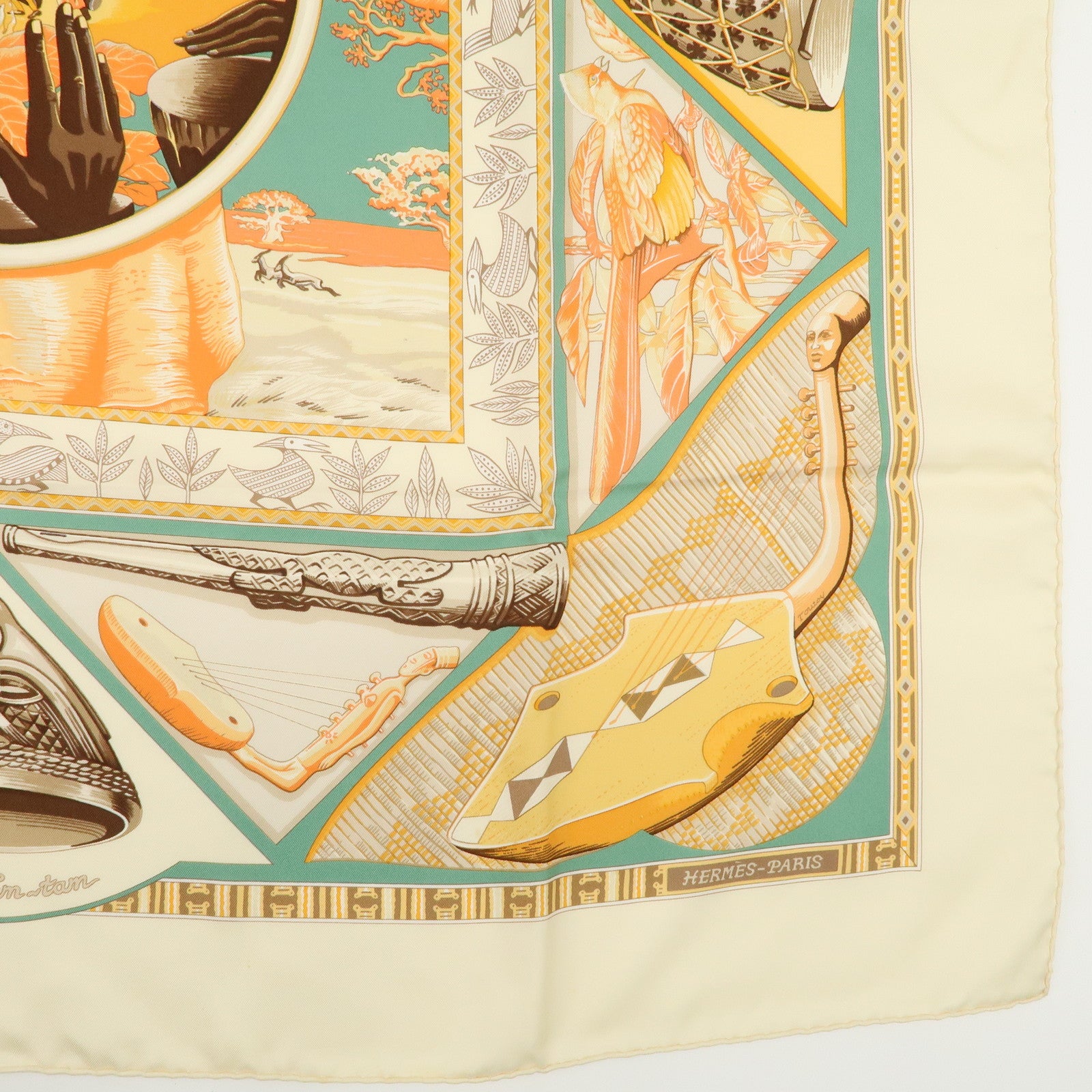 HERMES Carre 90 Silk 100% Scarf Au Son du Tam Tam Ivory Orange Used