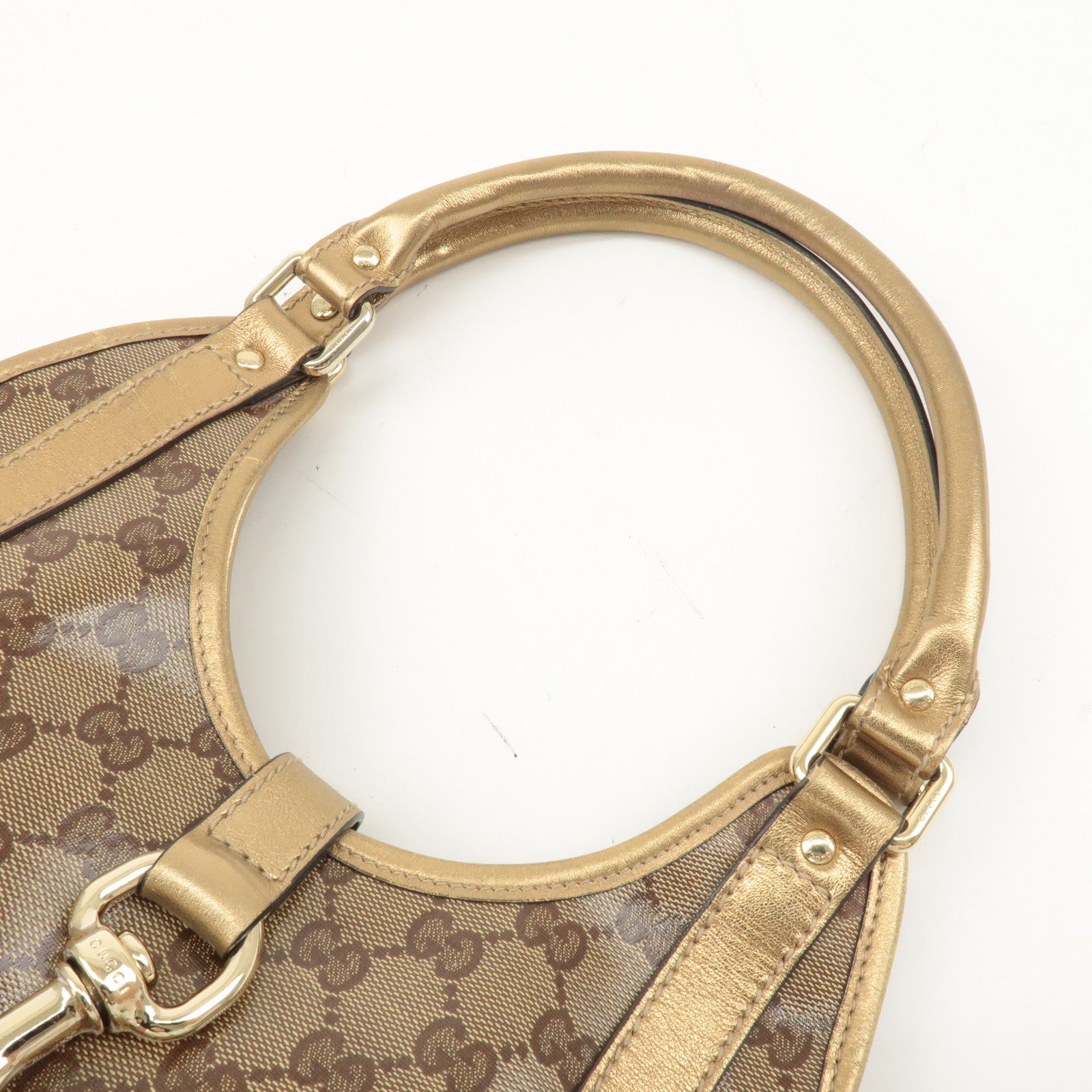 GUCCI GG Crystal Leather Hand Bag Beige Gold 203495