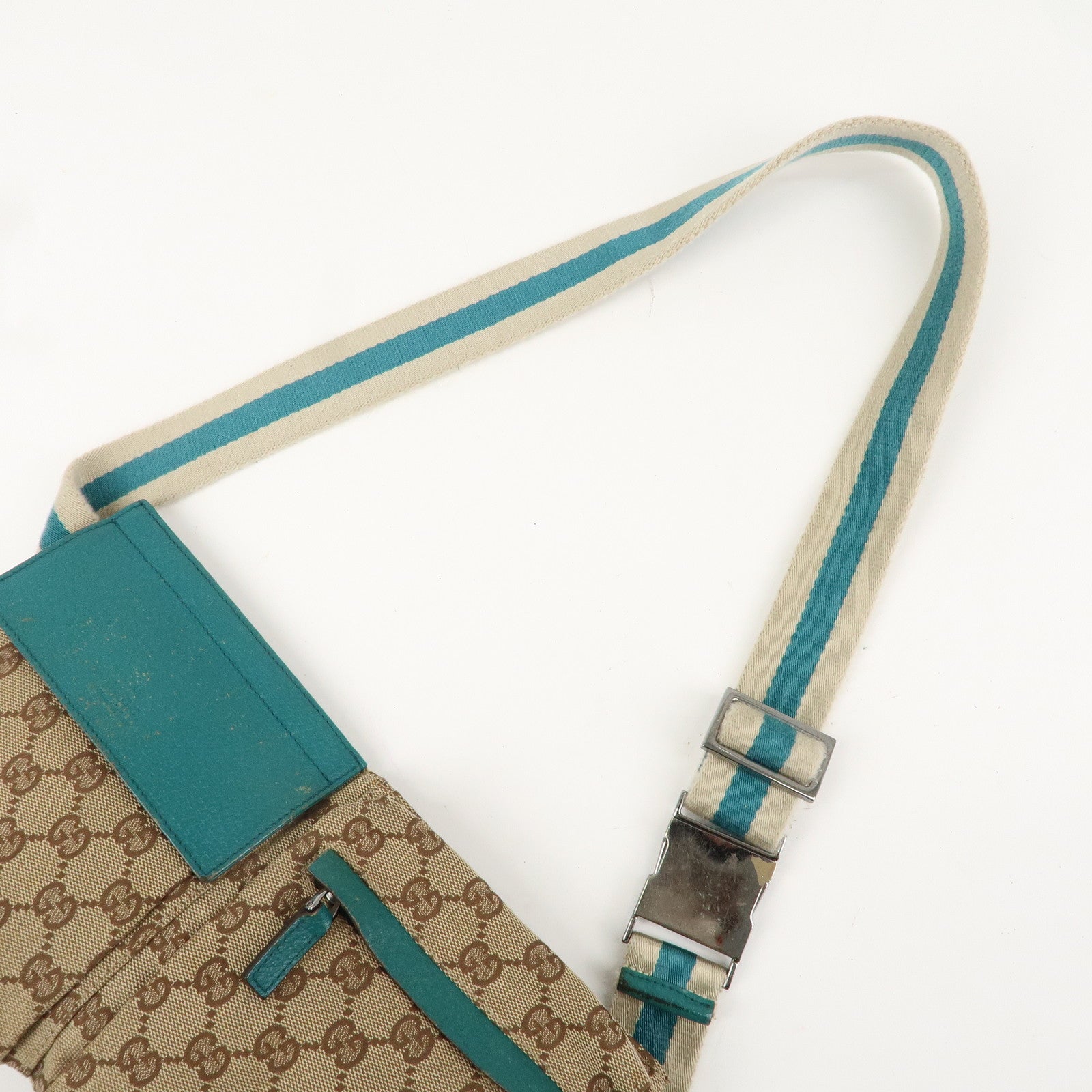 GUCCI GG Canvas Leather Waist Bag Crossbody Bag Turquoise 28566