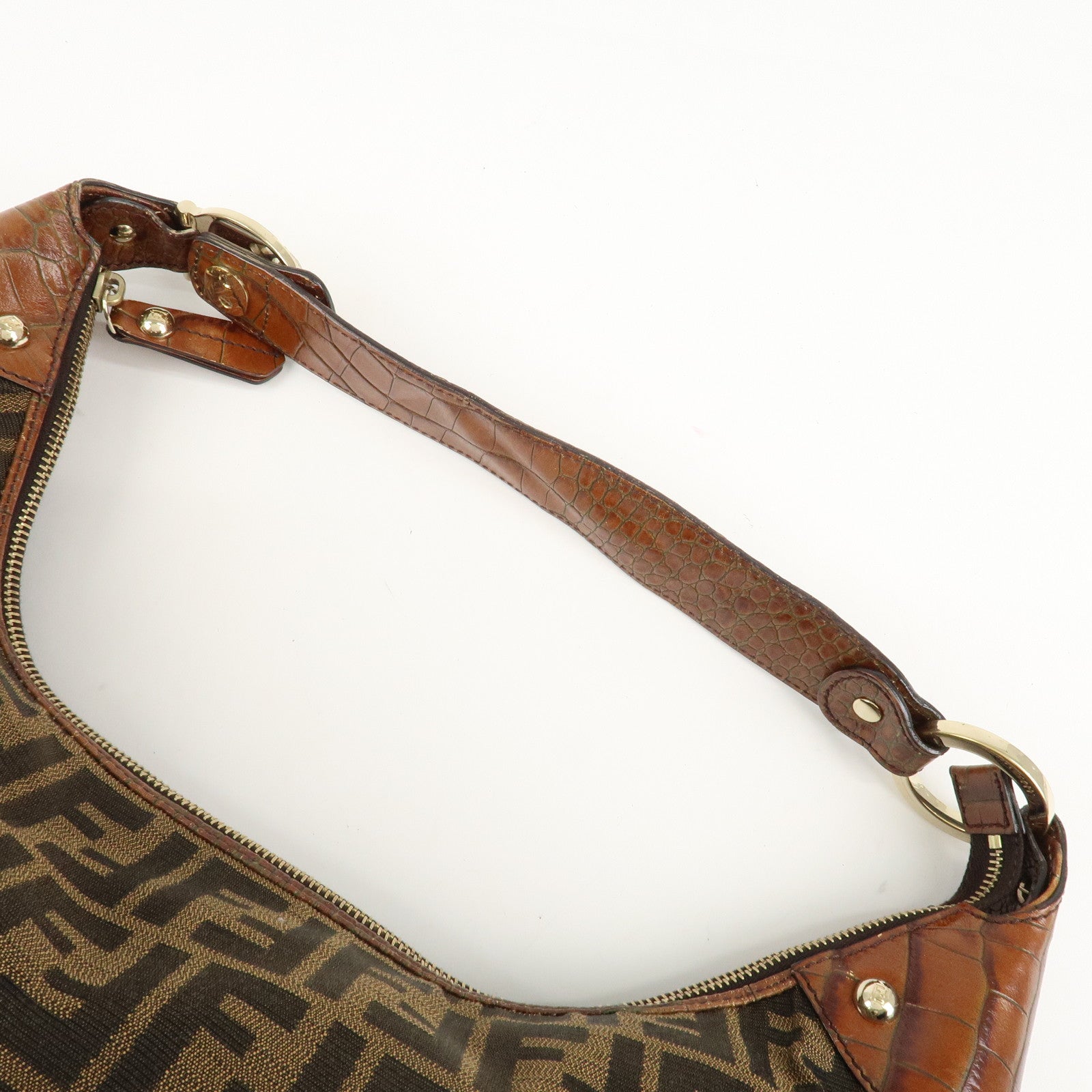 FENDI Zucca Canvas Embossed Leather Shoulder Bag Brown 8BR593 Used