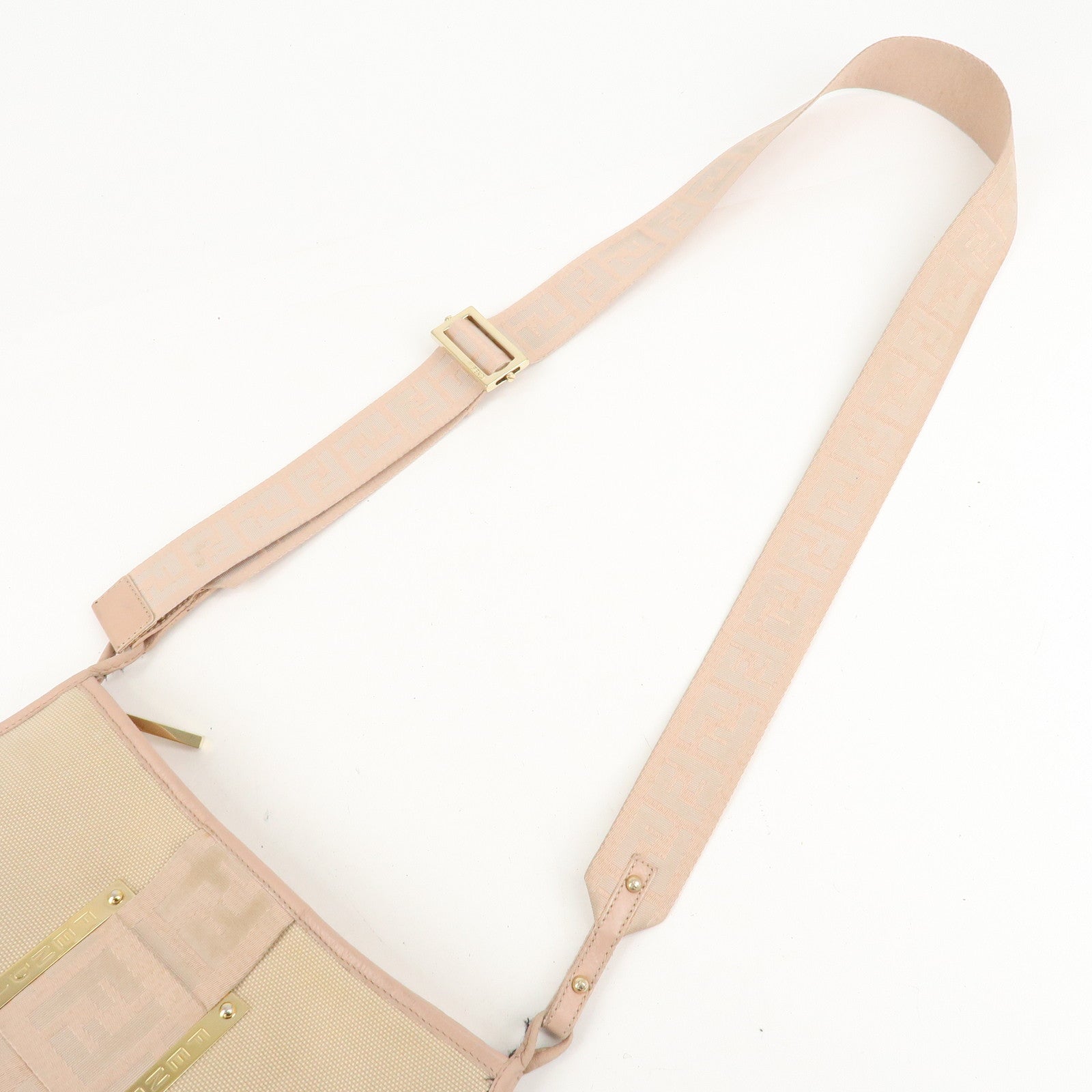 FENDI Logo Canvas Leather Shoulder Bag Beige Pink 8BT084