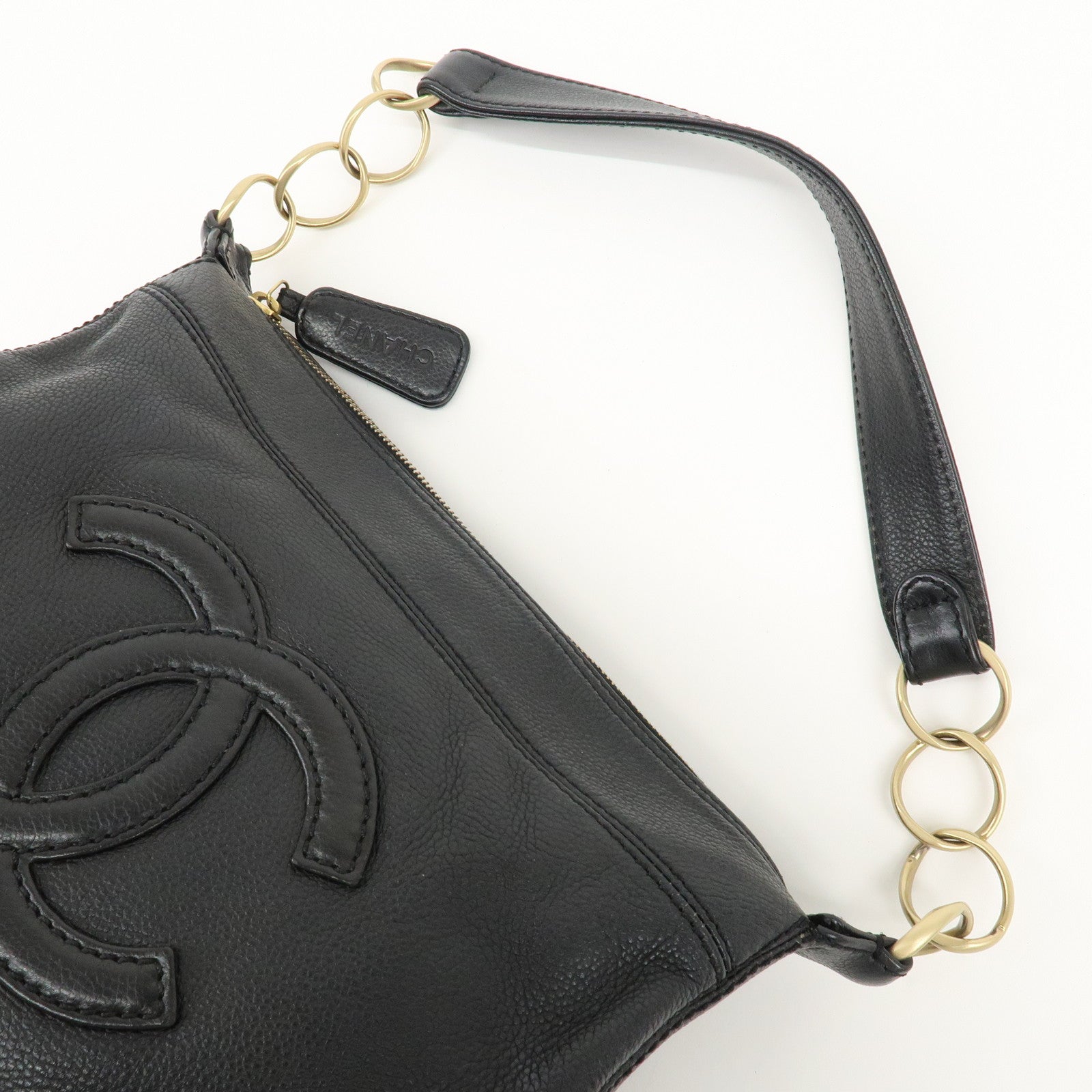 CHANEL Leather Coco Mark Shoulder Bag Hand Bag Black Used