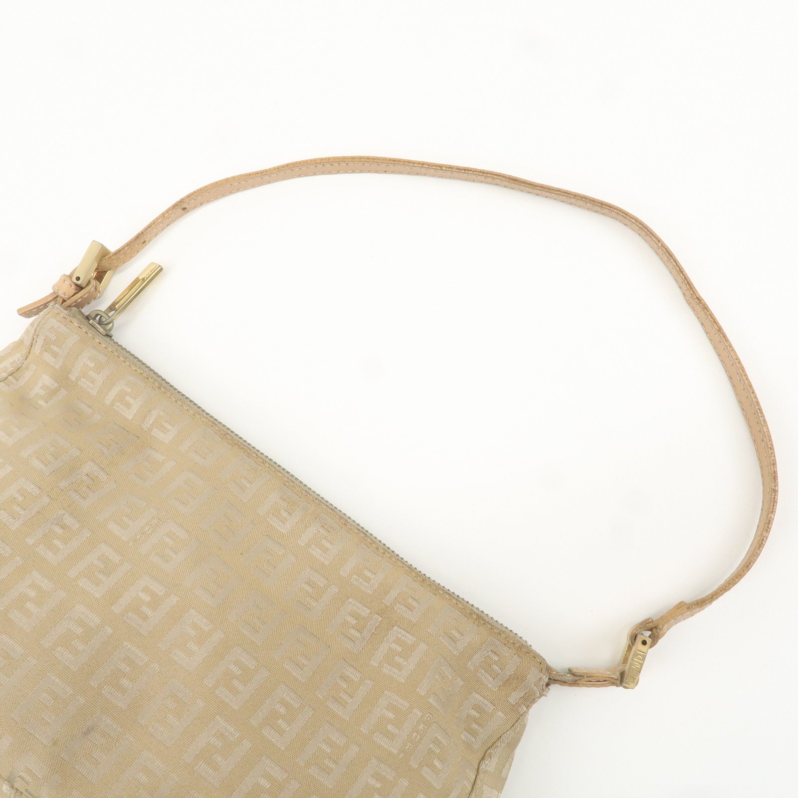 FENDI Zucchino Canvas Leather Shoulder Bag Beige