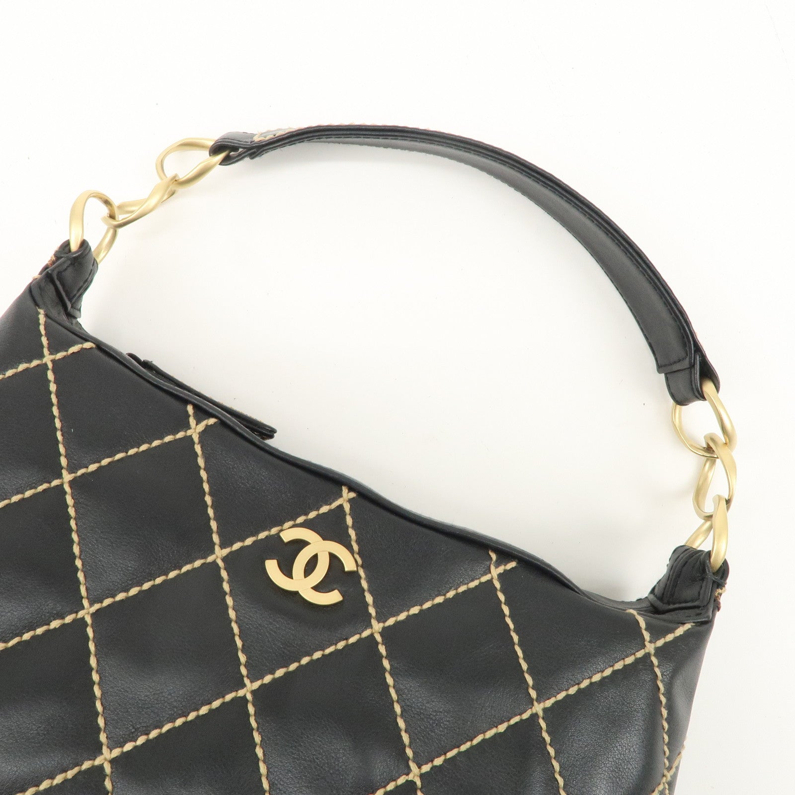 CHANEL Wild Stitch Lamb Skin Shoulder Bag Hand Bag Black A20663 Used